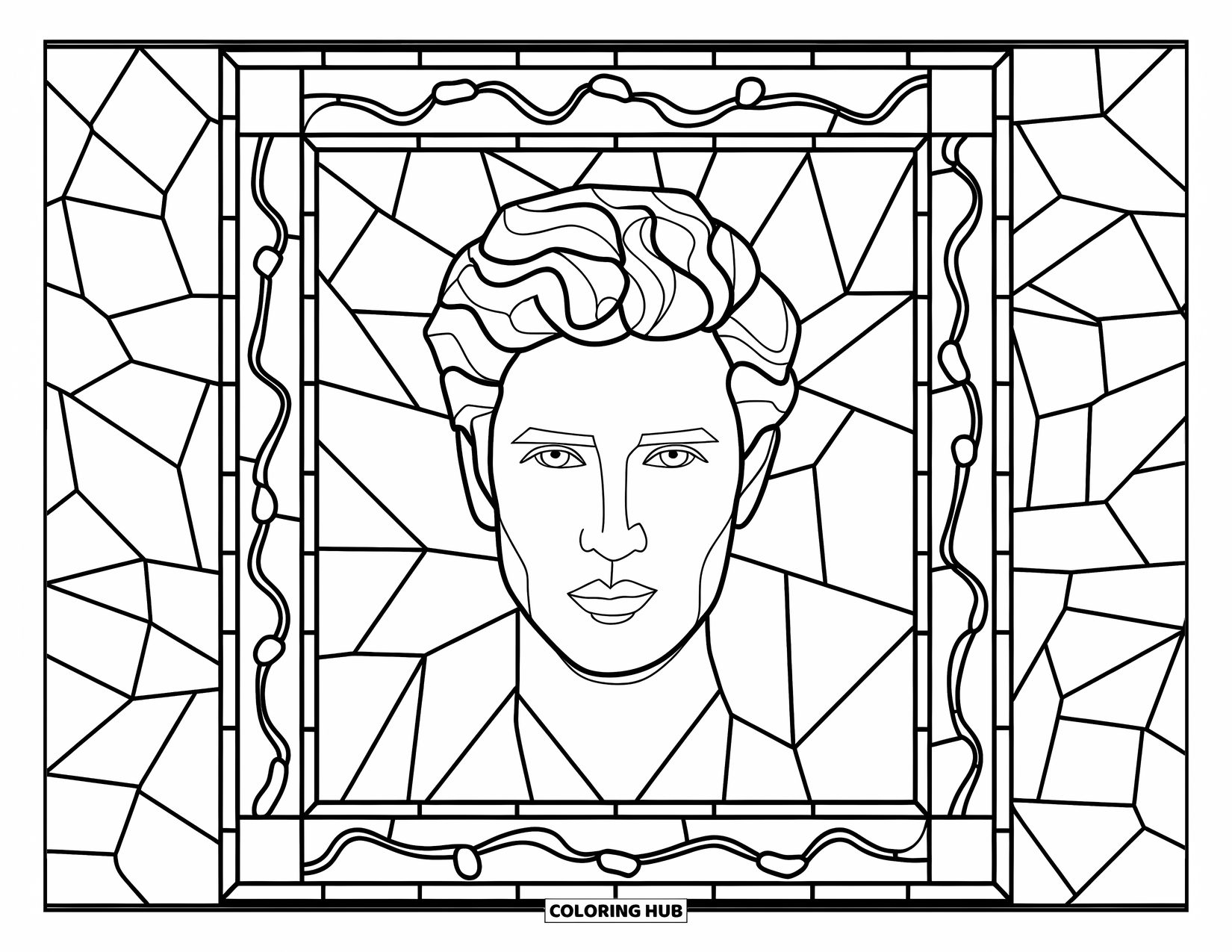 Man Coloring Page for Adults: A handsome man with flowing hair is framed by a mosaic of floral glass designs