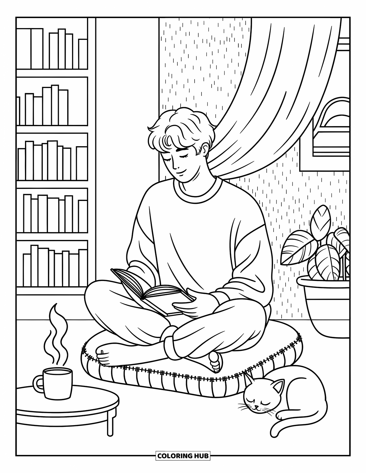 Man Coloring Page for Adults: A man enjoys a peaceful reading moment surrounded by books and plants