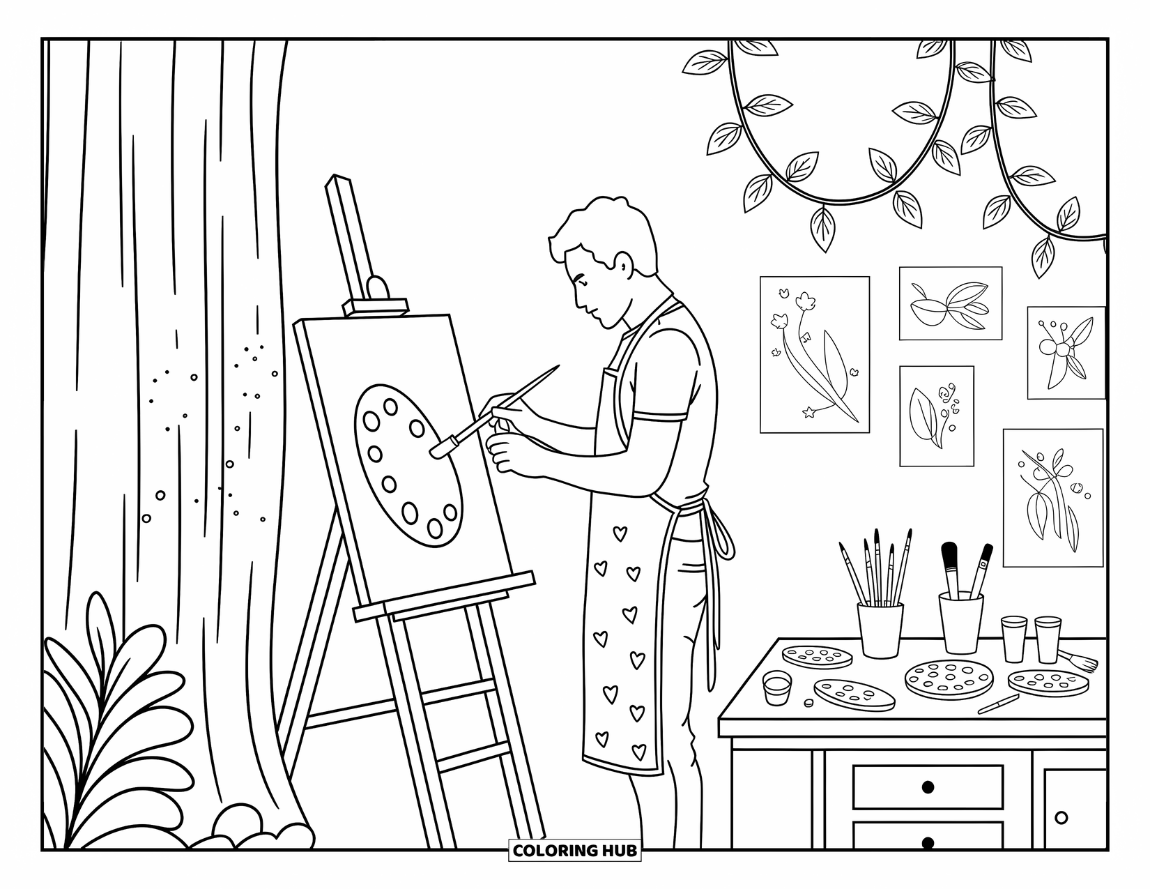Man Coloring Page for Adults: A man paints beside a bright window surrounded by brushes and a trailing plant