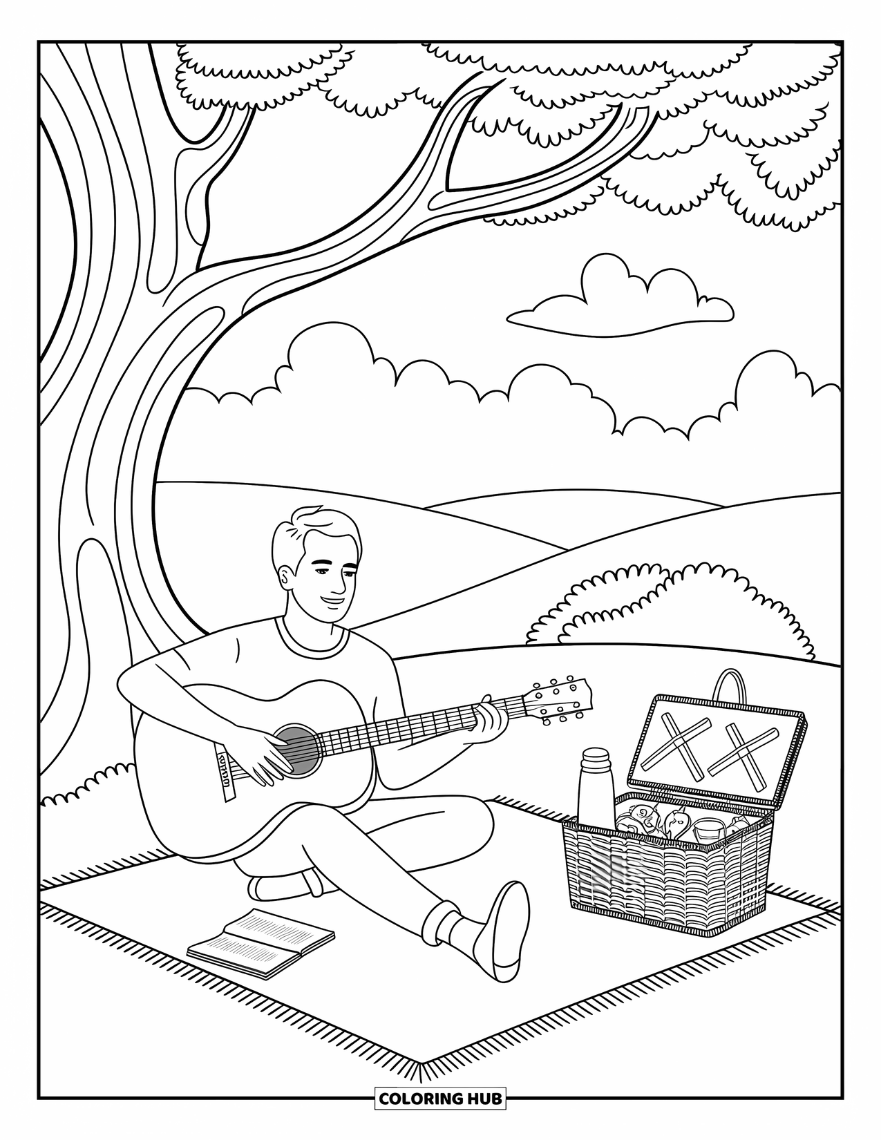 Man Coloring Page for Adults: A man plays guitar under a tree beside a basket of snacks and a thermos