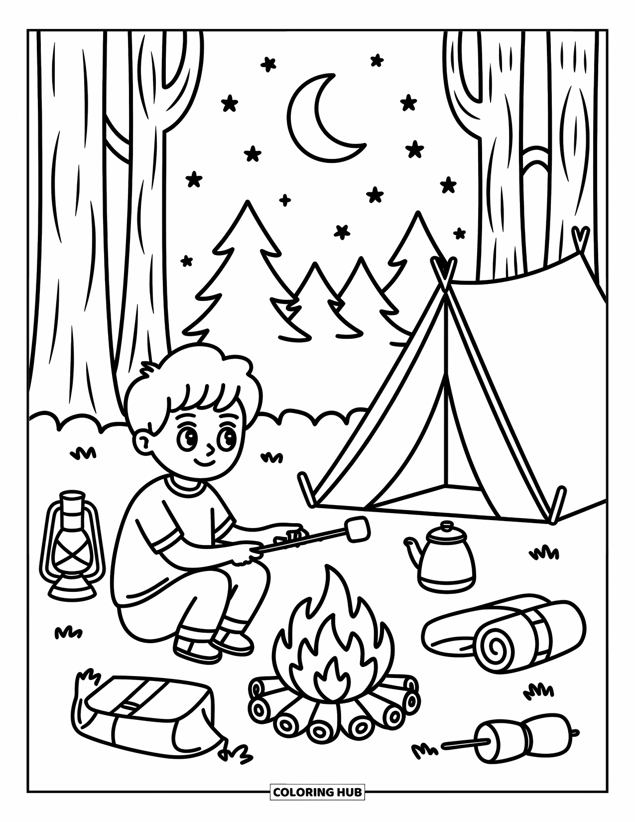 Man Coloring Page for Adults: A man relaxes by a campfire, roasting marshmallows under a starry sky