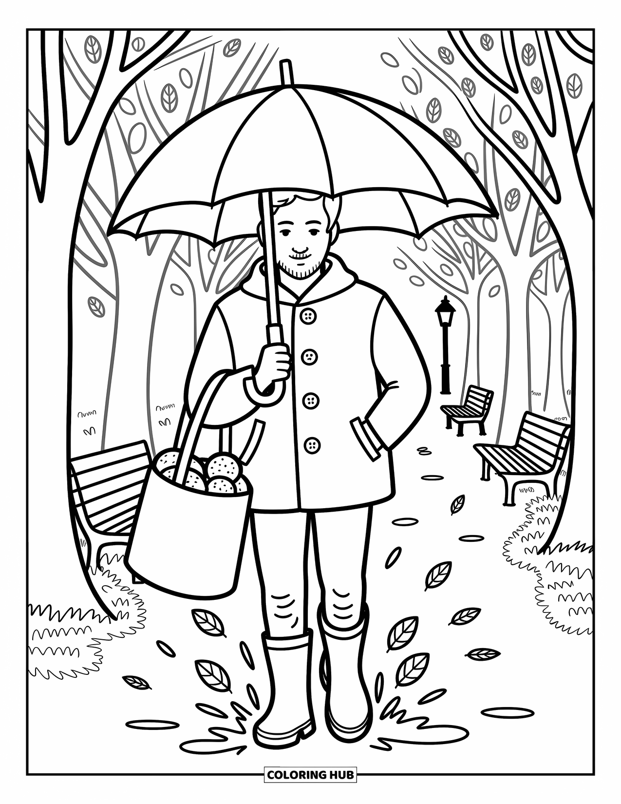 Man Coloring Page for Adults: A man strolls with an umbrella, splashing in puddles along a rainy path