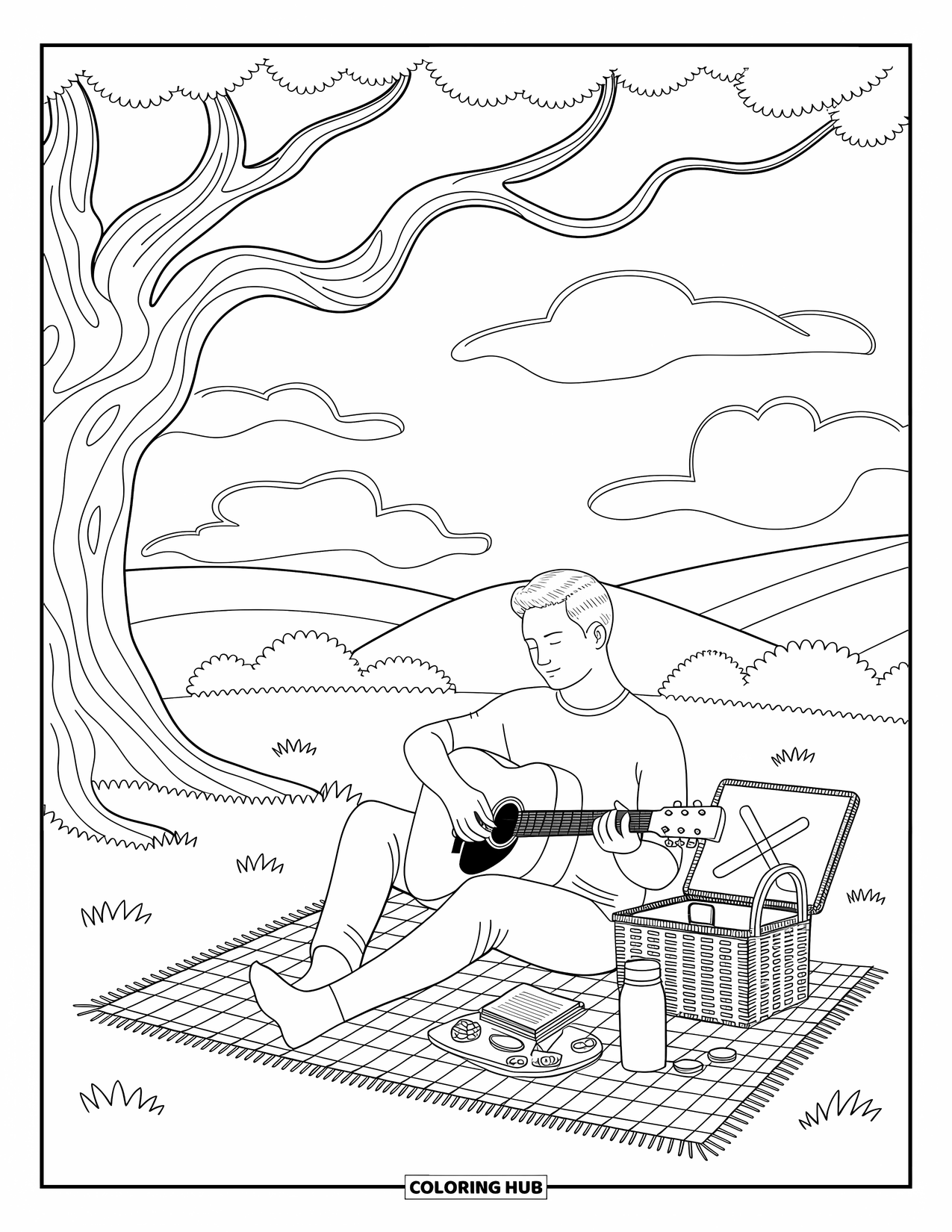 Man Coloring Page for Adults: A man strums a guitar beneath a big tree on a peaceful hillside