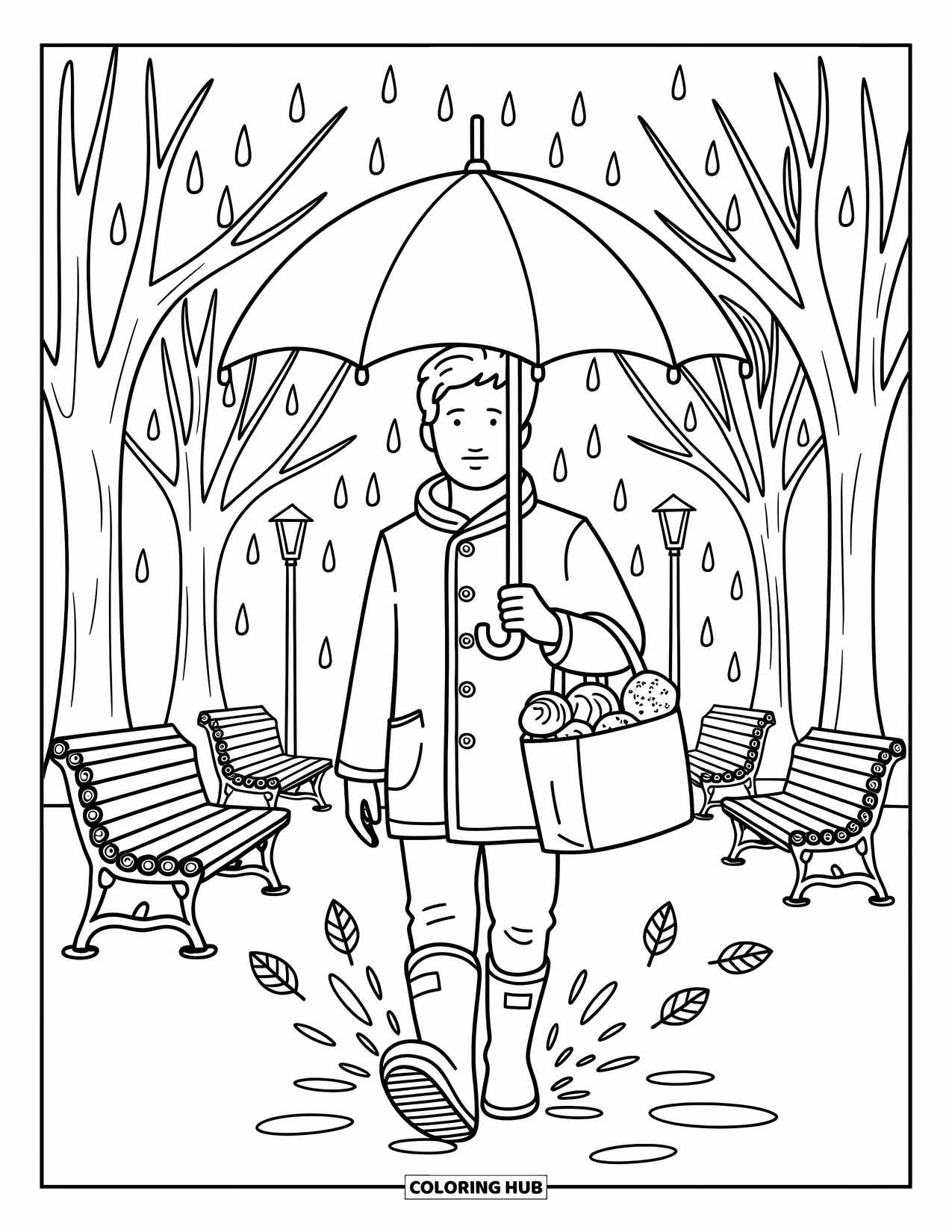 Man Coloring Page for Adults: A man walks under an umbrella, rain boots splashing in tiny puddles