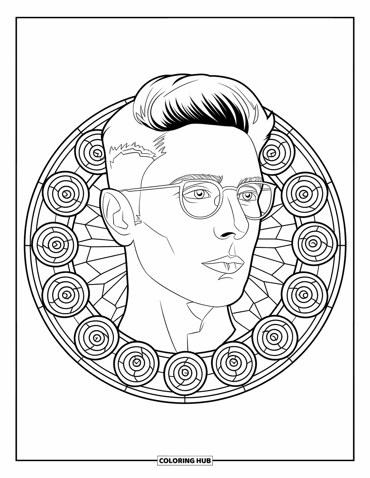 Man Coloring Page for Adults: A man with glasses gazes left inside a rose-patterned stained glass frame