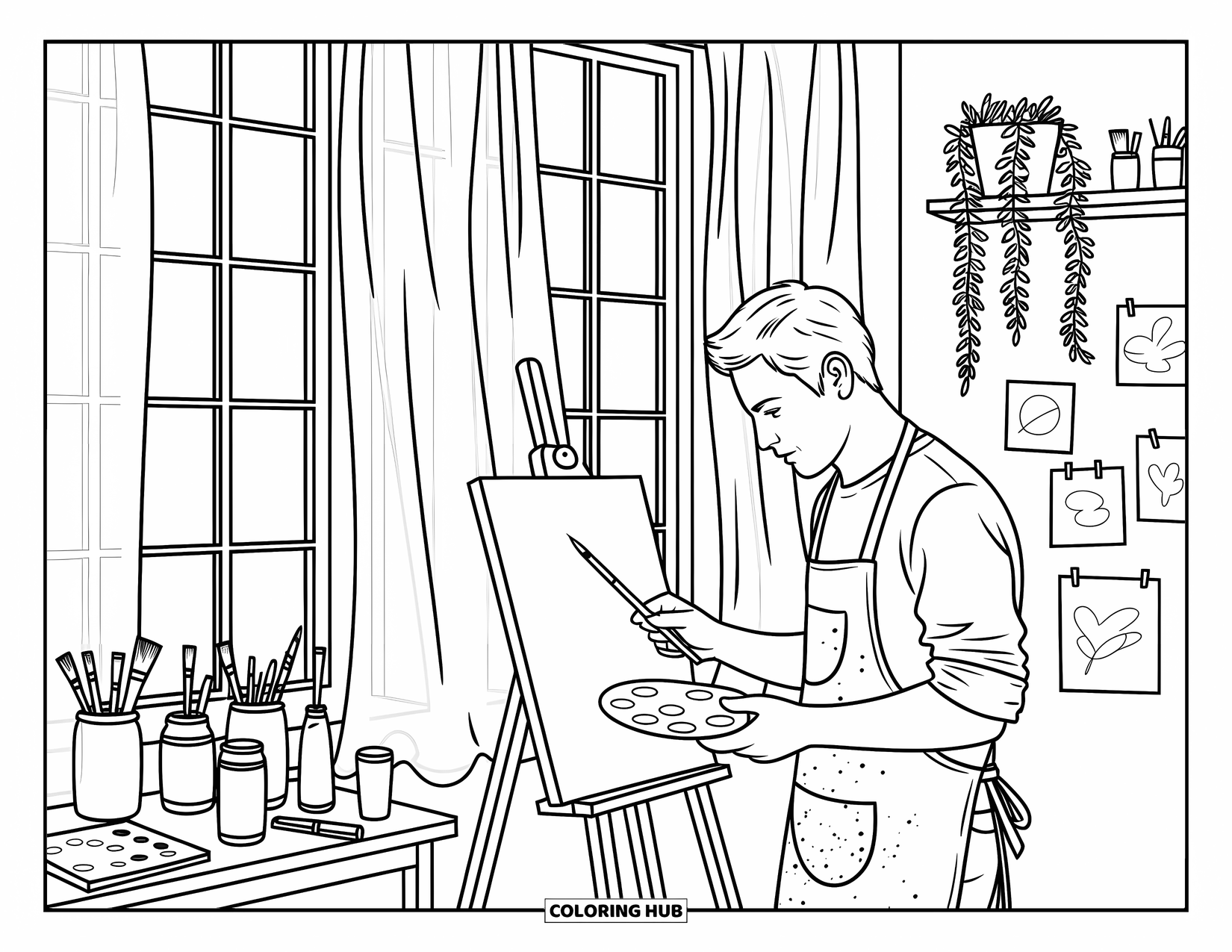 Man Coloring Page for Adults: A painter focuses at his easel, sunlight glowing through curtains around him