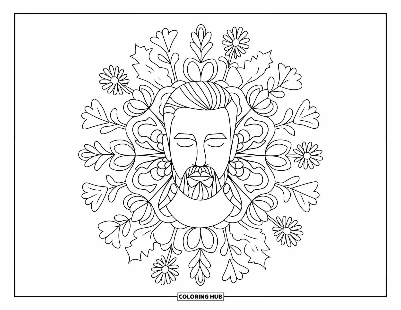 Man Coloring Page for Adults: A peaceful bearded man is surrounded by a circular mandala of ivy and flowers