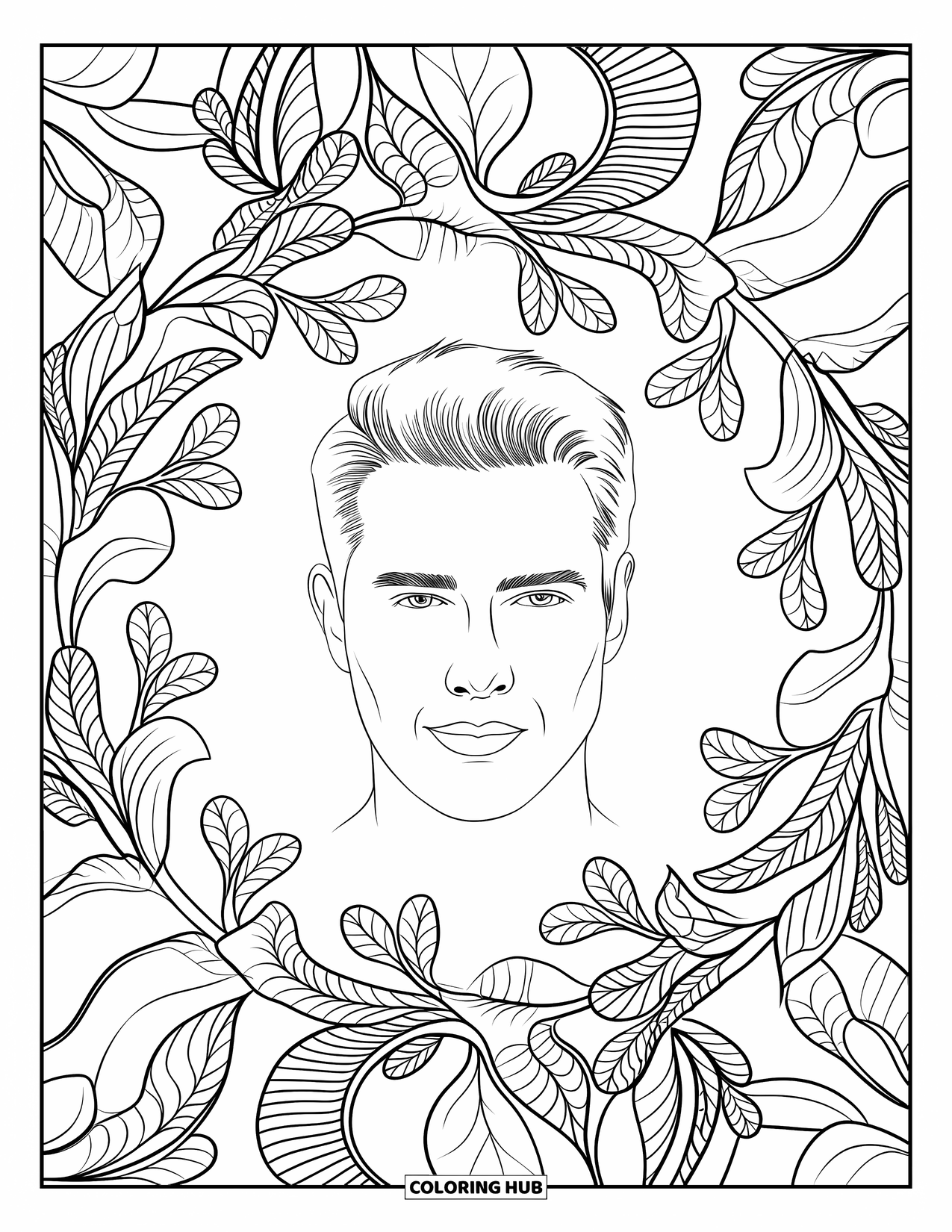 Man Coloring Page for Adults: A serene man with glasses appears amid swirling leaves and floral patterns
