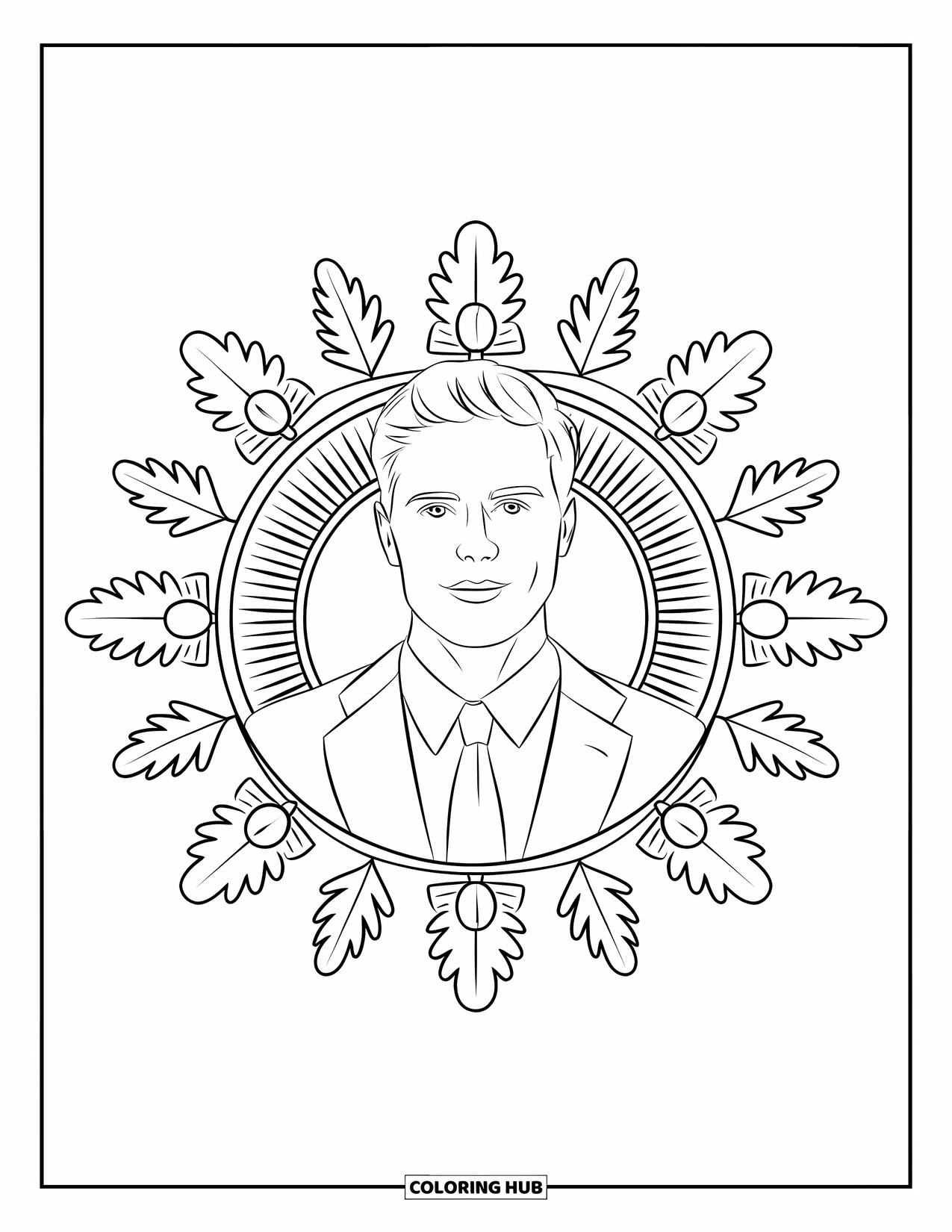 Man Coloring Page for Adults: A suited man stands within a mandala of oak leaves, sunbursts, and acorns