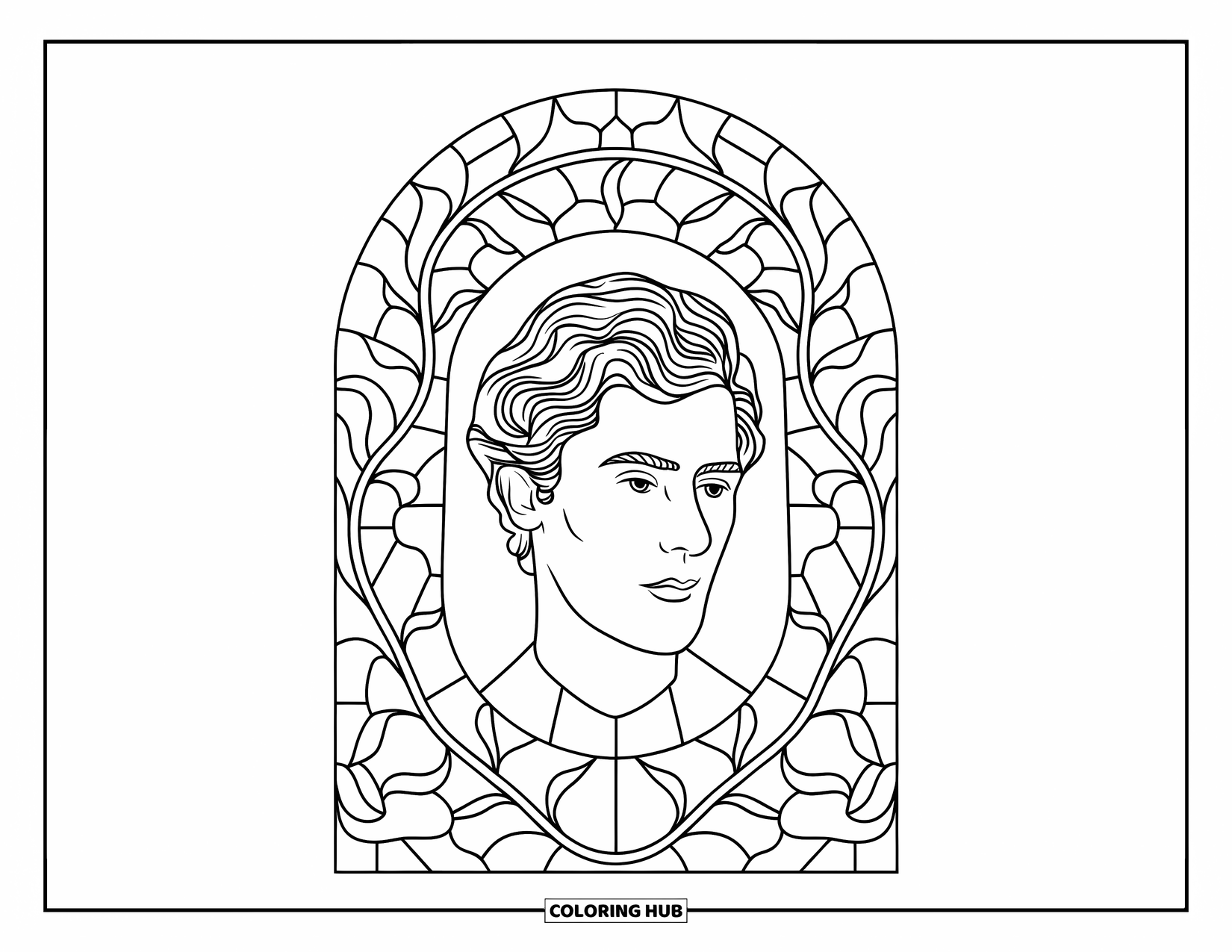Man Coloring Page for Adults: An elegant man with wavy hair appears framed in stained glass vines and petals