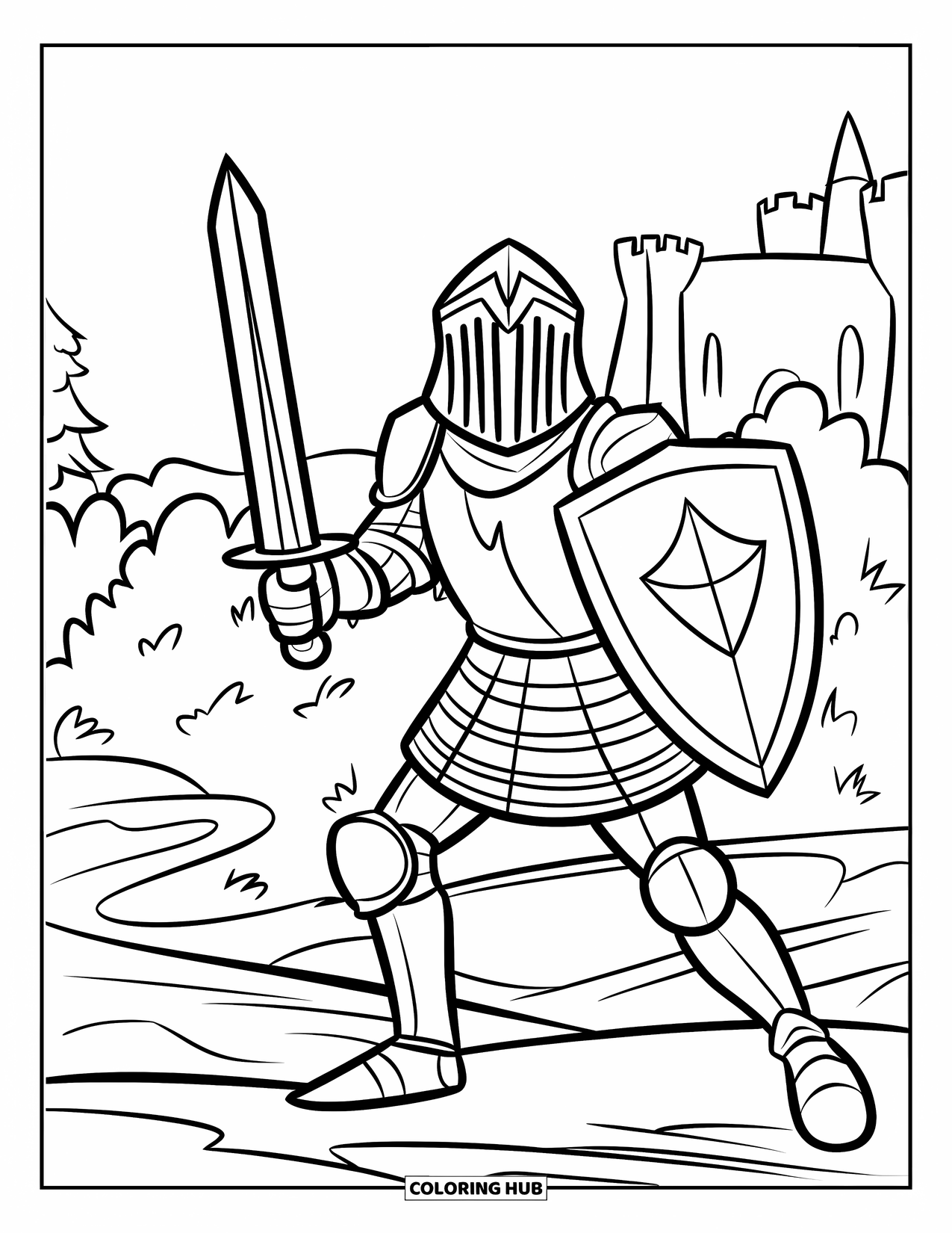 Man Coloring Page for Kids: A brave knight stands with sword and shield before a castle