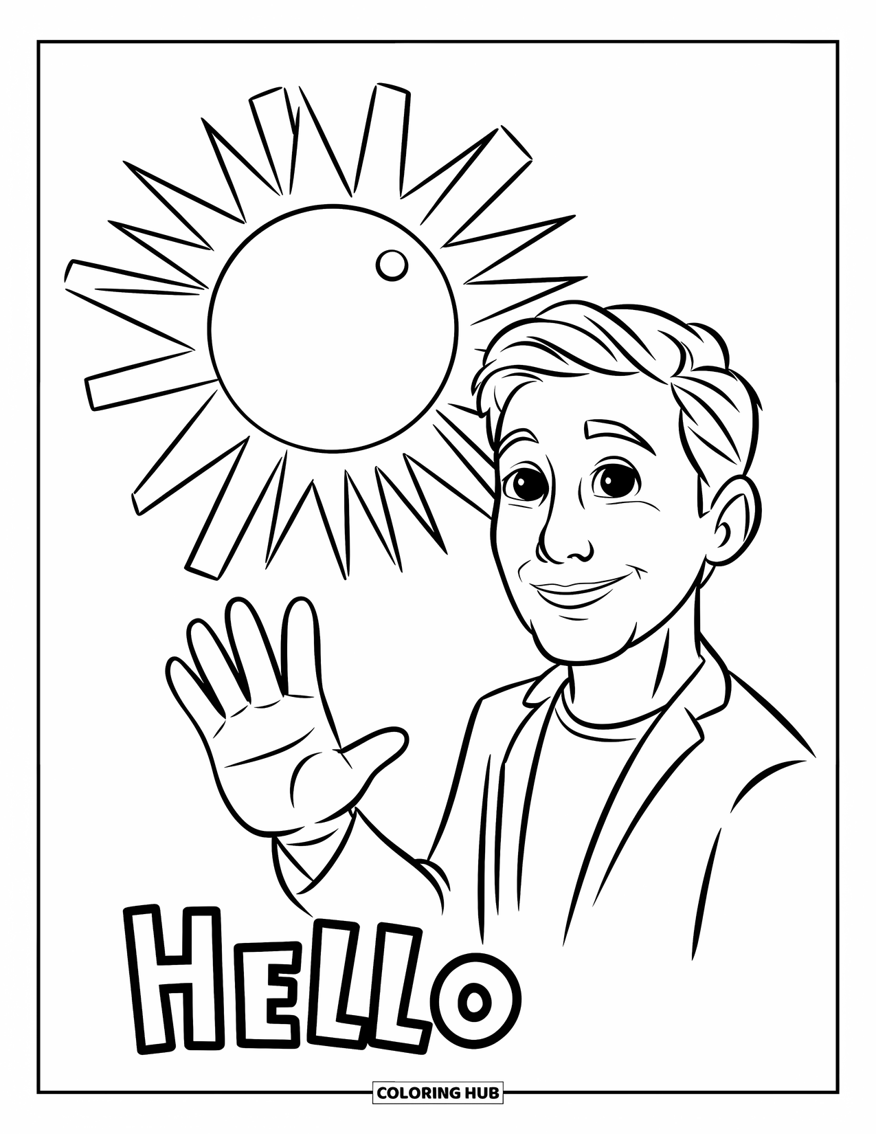 Man Coloring Page for Kids: A cheerful man waves beneath a smiling sun and white clouds
