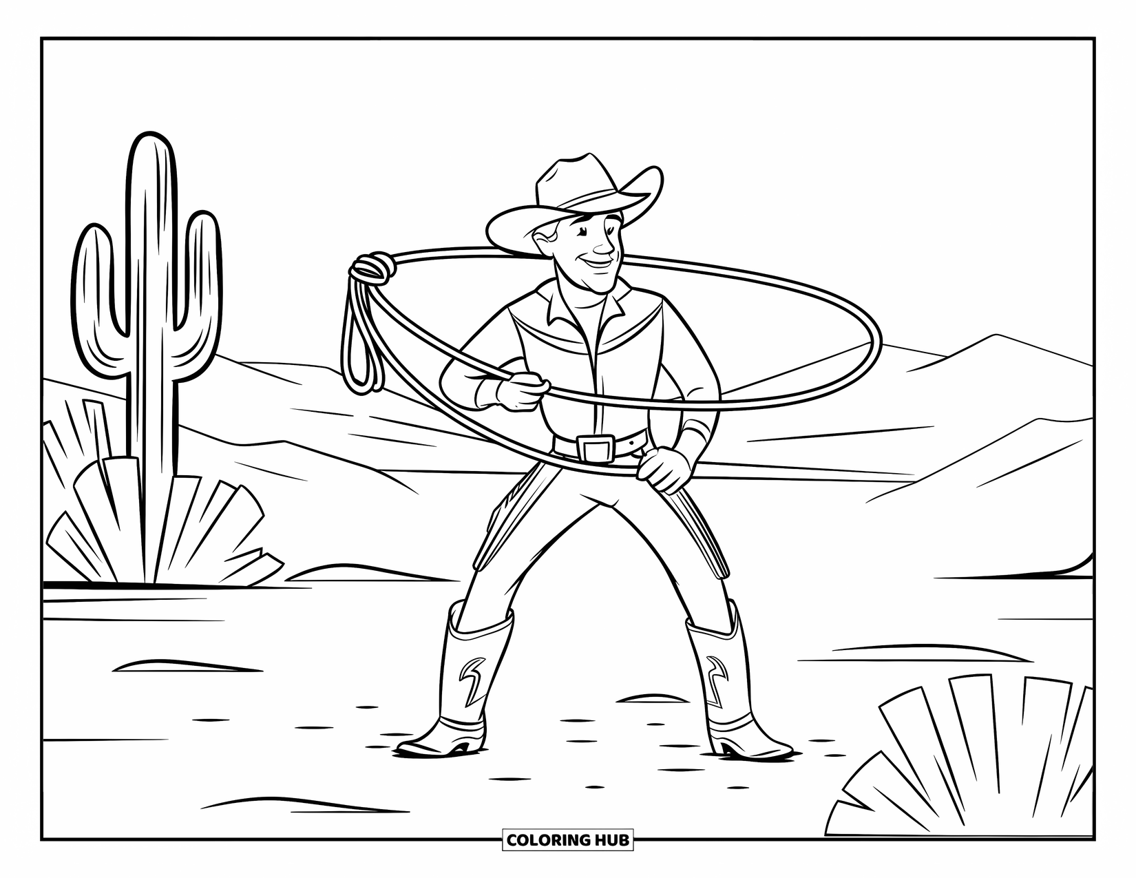Man Coloring Page for Kids: A cowboy holds his lasso among cacti beneath clear skies