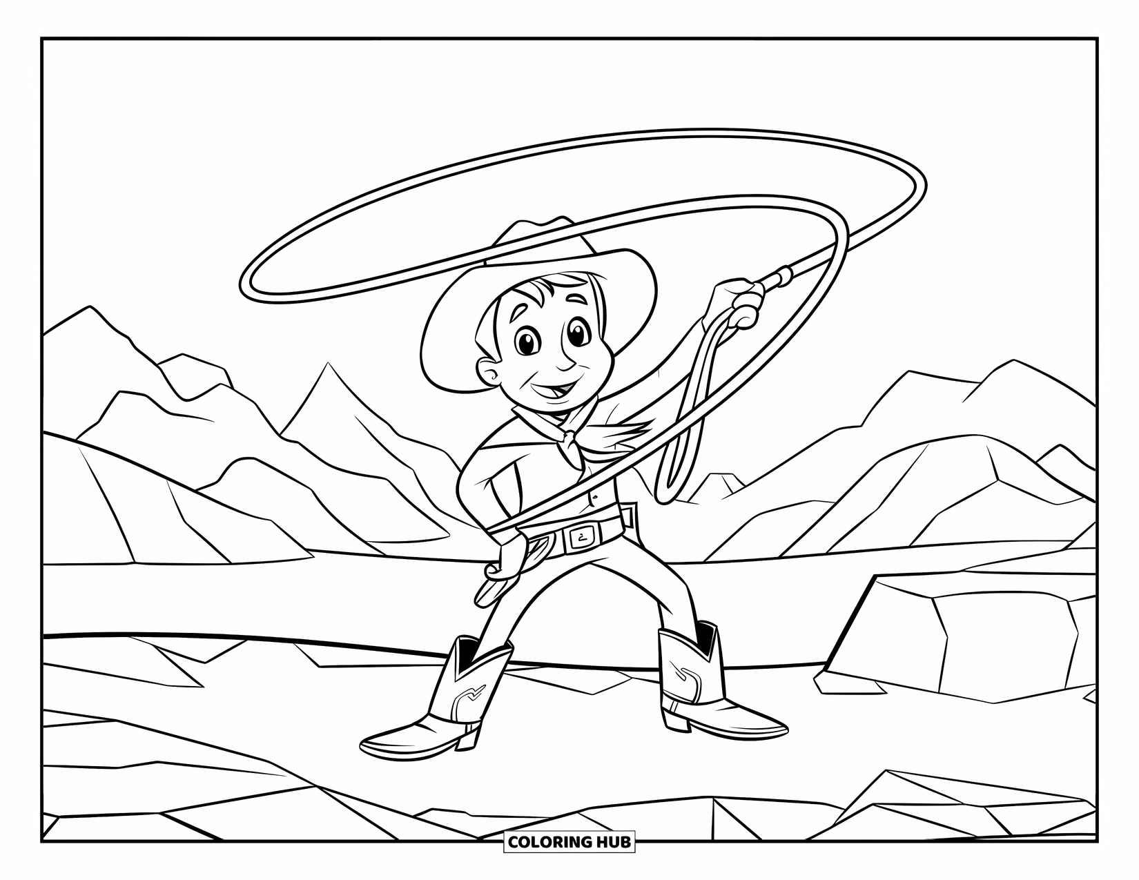Man Coloring Page for Kids: A cowboy with a hat and lasso stands tall in the open desert