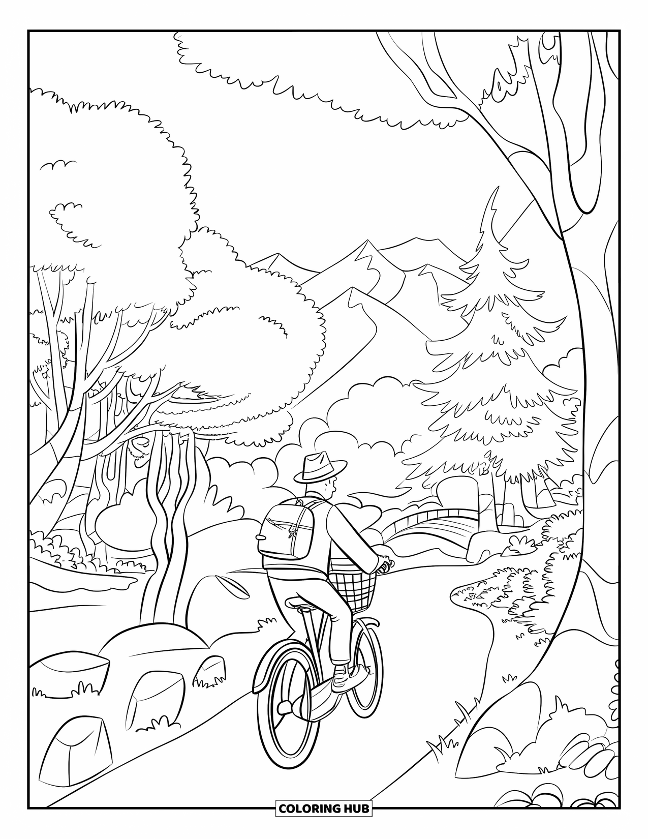 Man Coloring Page for Kids: A cyclist travels along a forest trail beneath mountain views