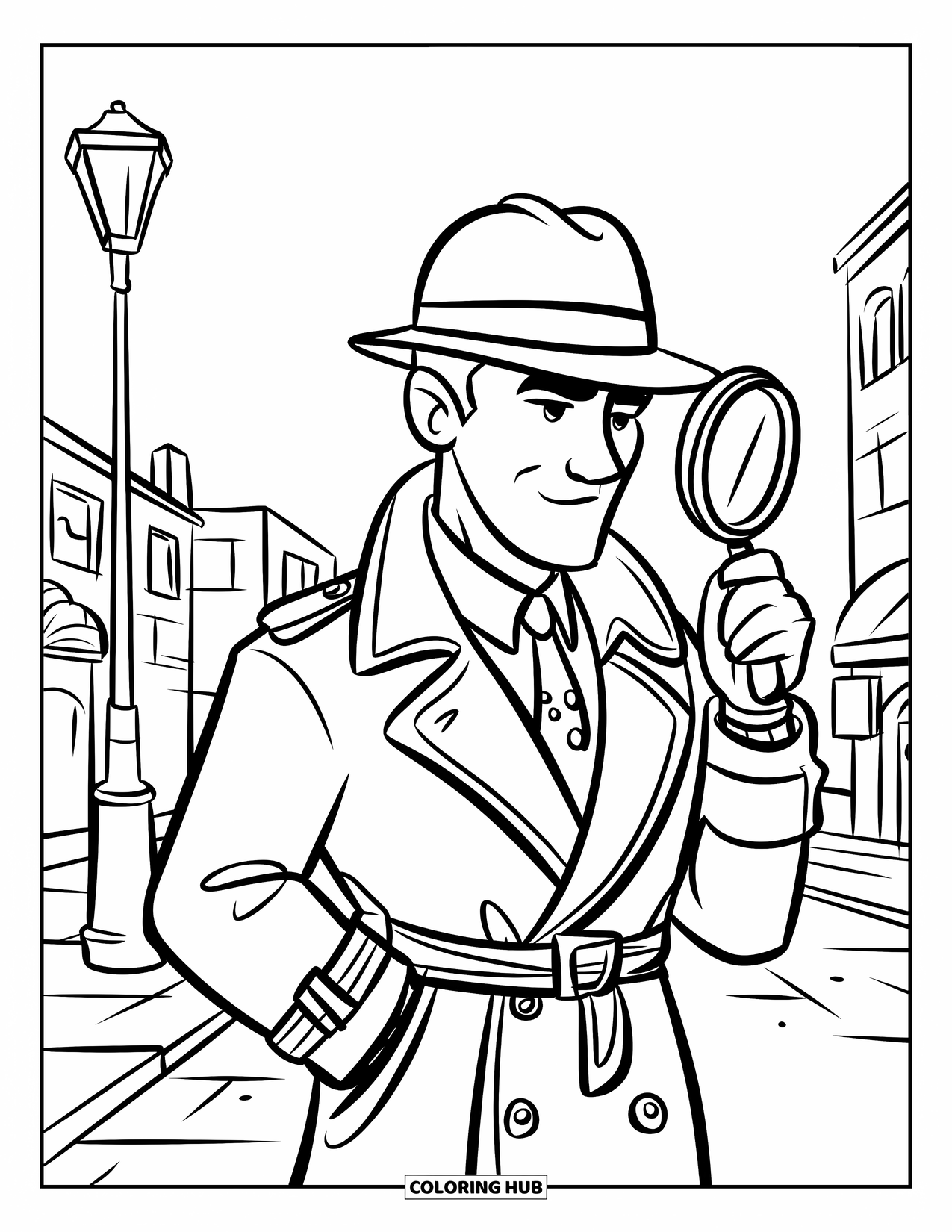 Man Coloring Page for Kids: A detective studies clues on a city street with a magnifying glass