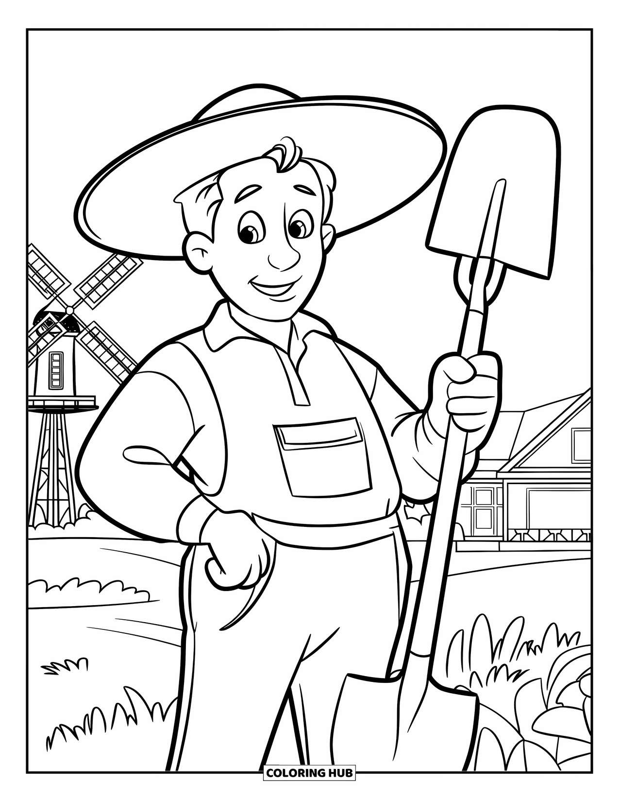 Man Coloring Page for Kids: A farmer with a big hat holds a shovel in a sunny field