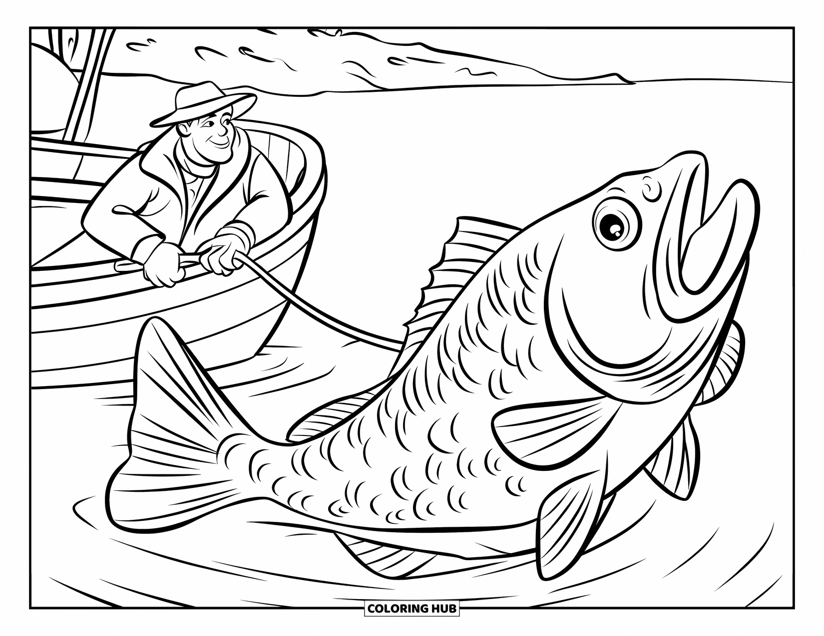 Man Coloring Page for Kids: A fisherman proudly pulls a giant fish from calm waters