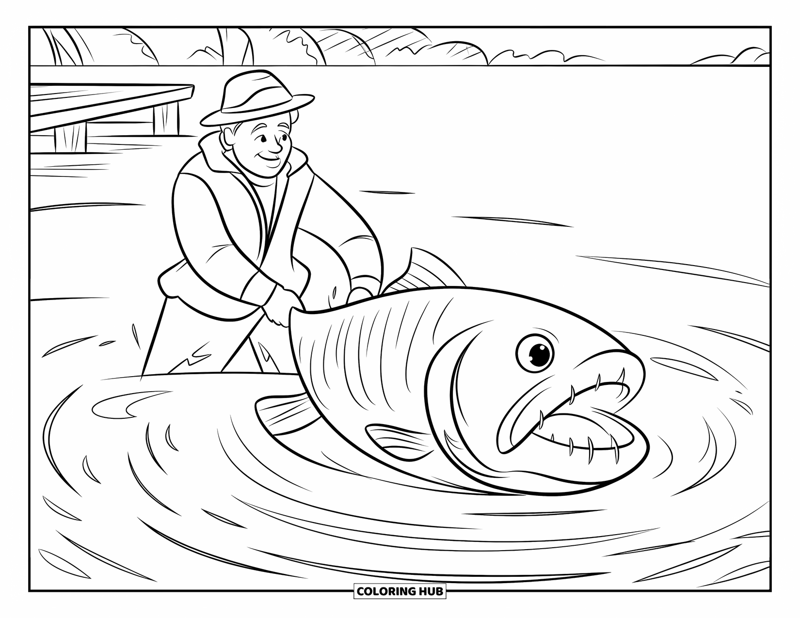 Man Coloring Page for Kids: A fisherman tugs on his line, reeling in a toothy giant fish