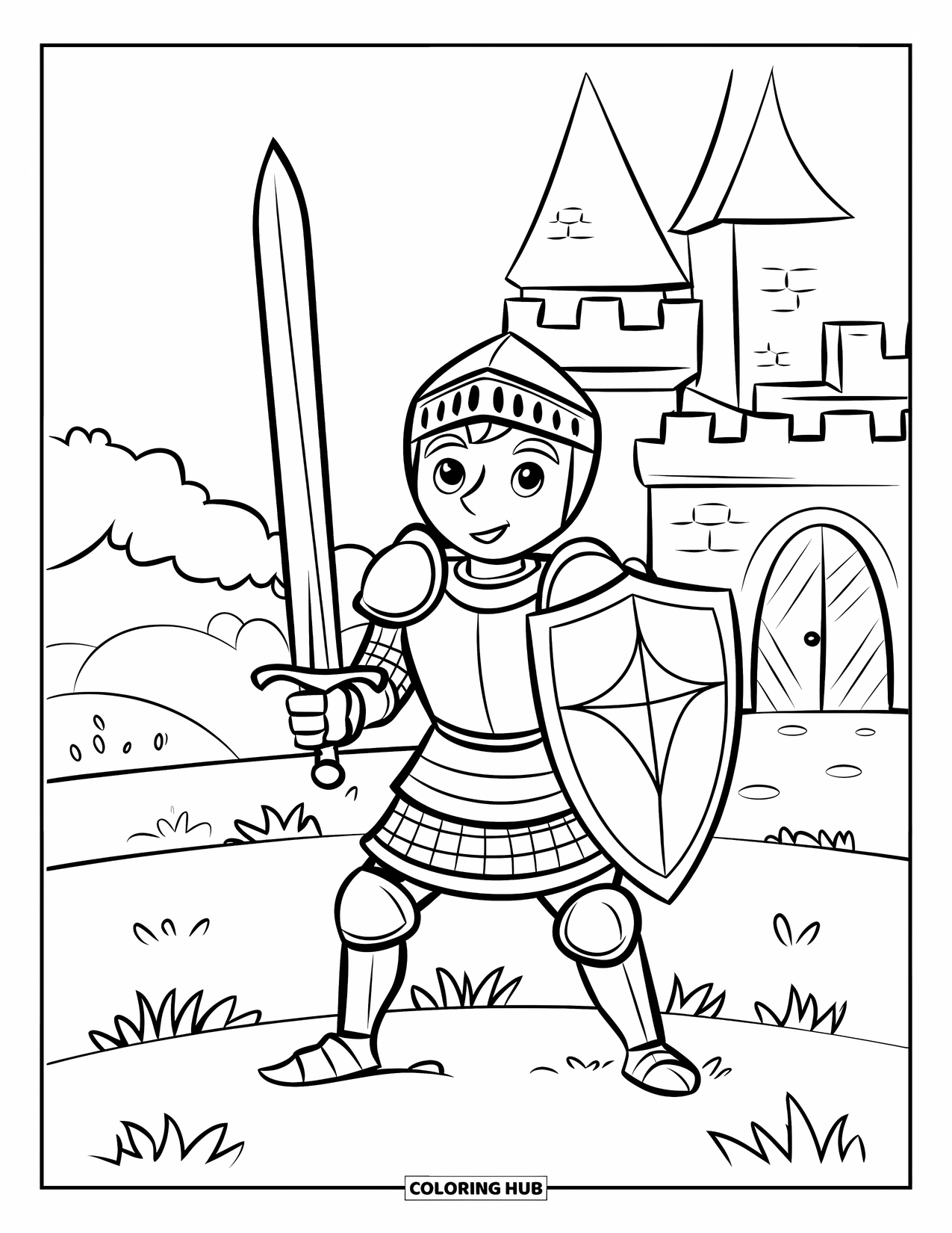 Man Coloring Page for Kids: A knight stands before a castle, ready for his next adventure
