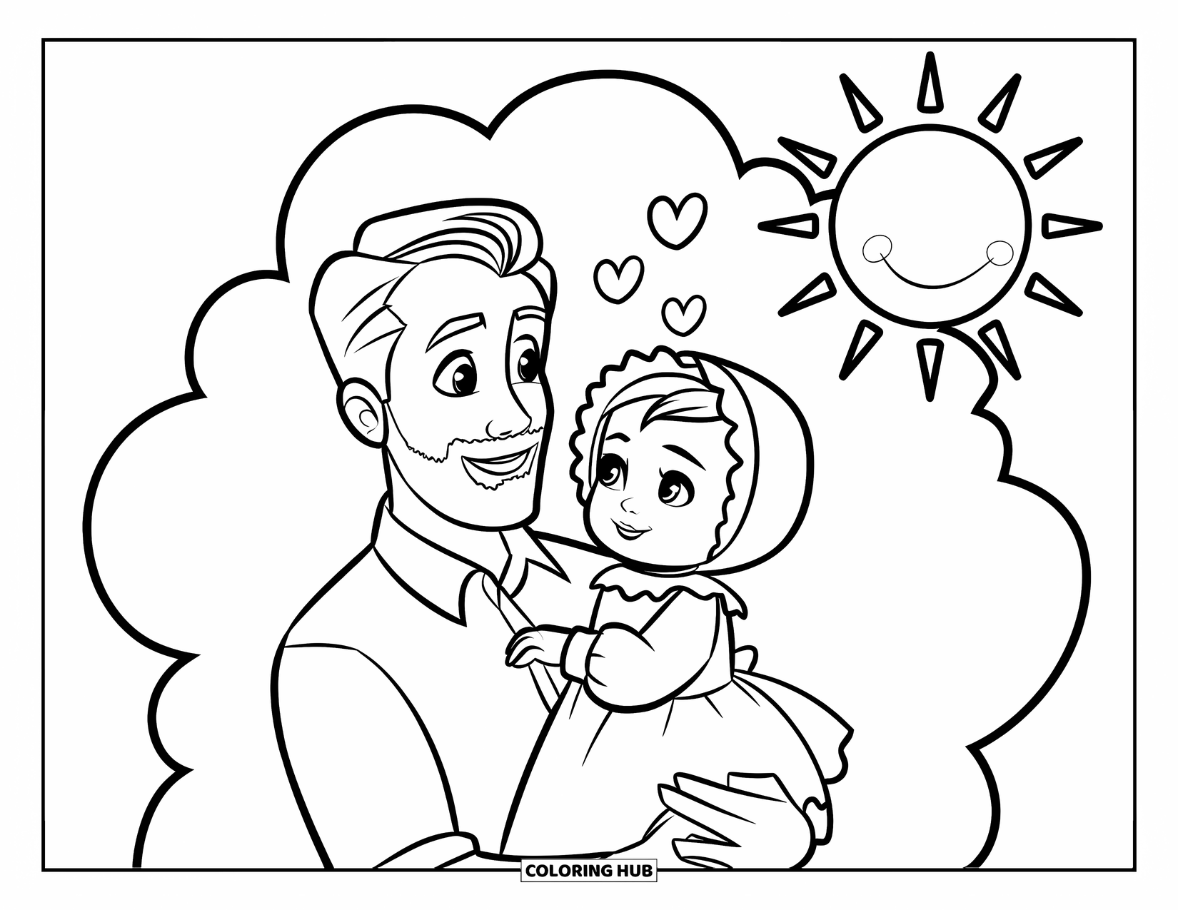 Man Coloring Page for Kids: A loving dad hugs his child beneath floating hearts and sunshine