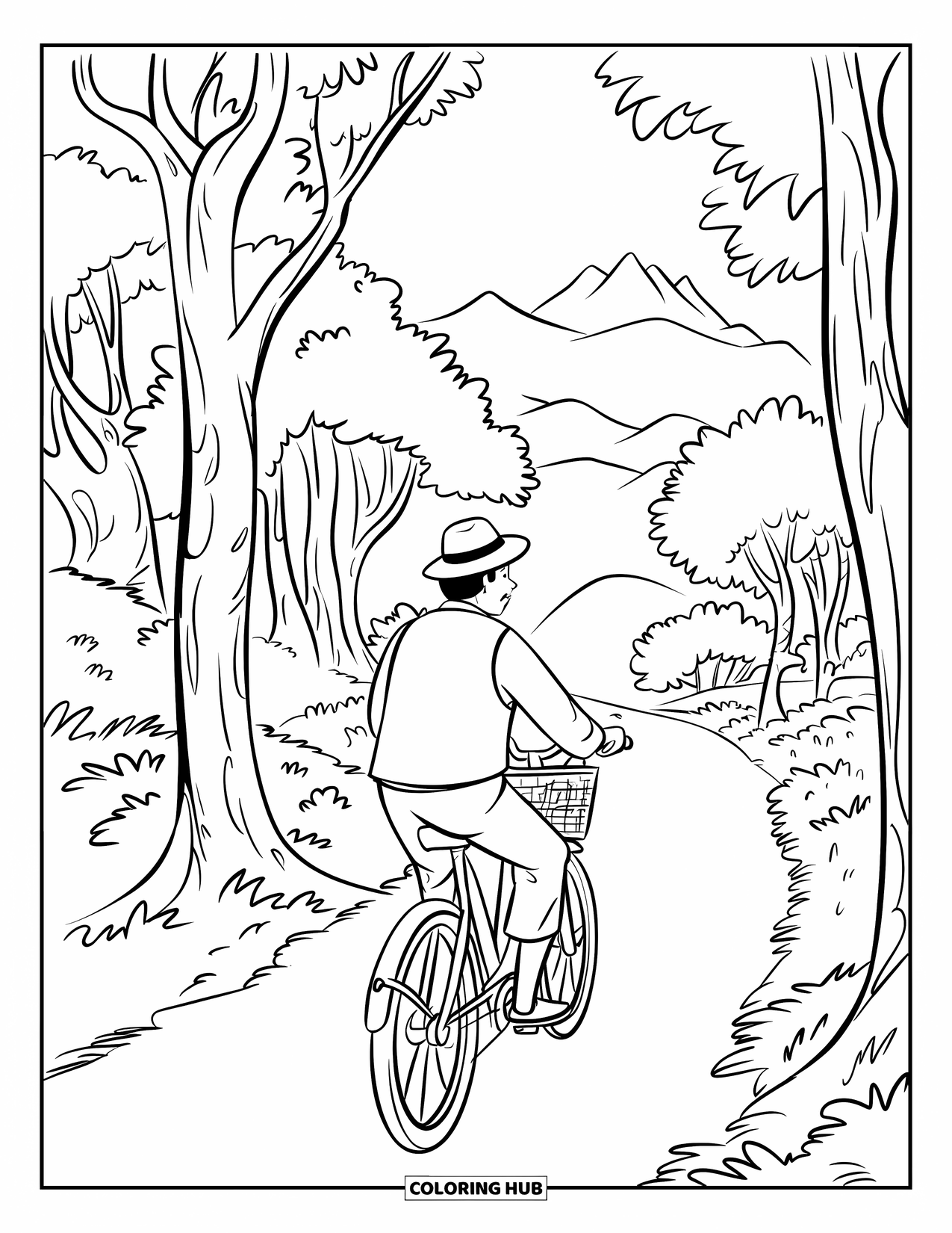 Man Coloring Page for Kids: A man rides a bike through a leafy forest path