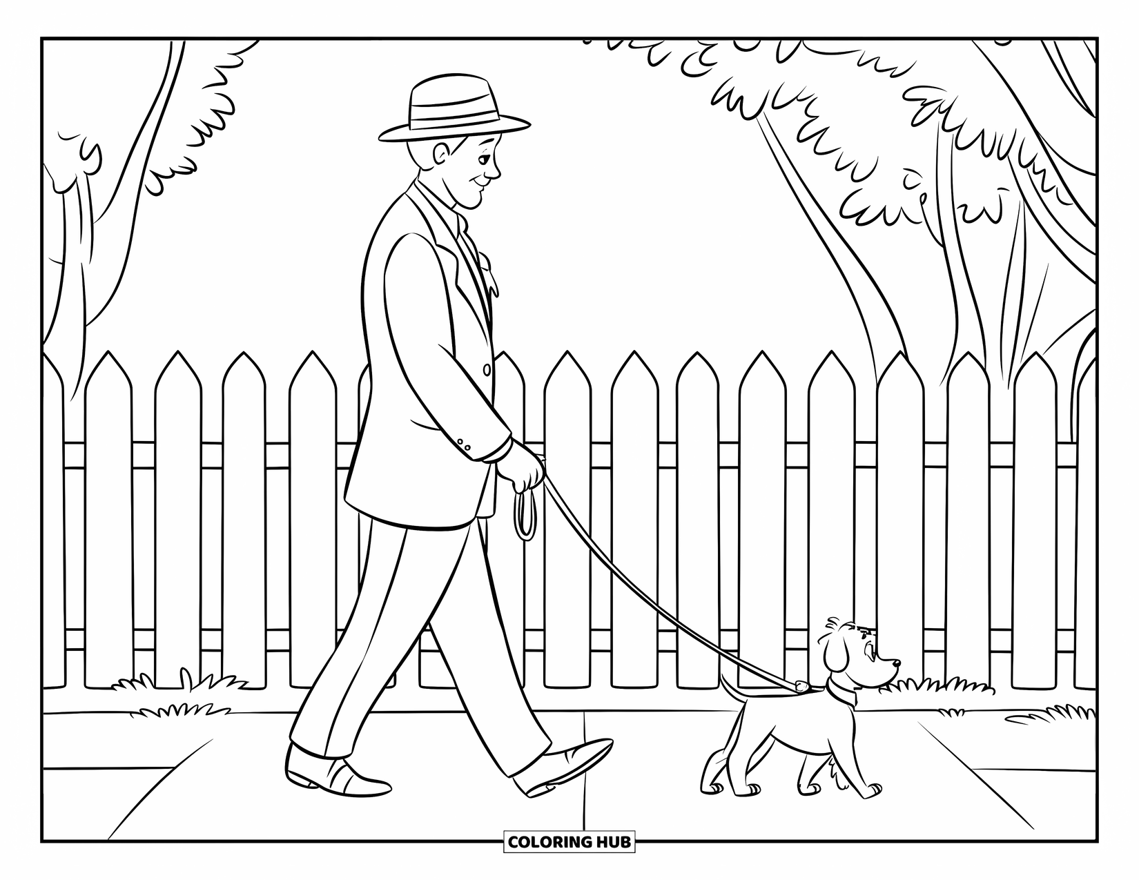 Man Coloring Page for Kids: A man strolls with his little dog past a picket fence and garden