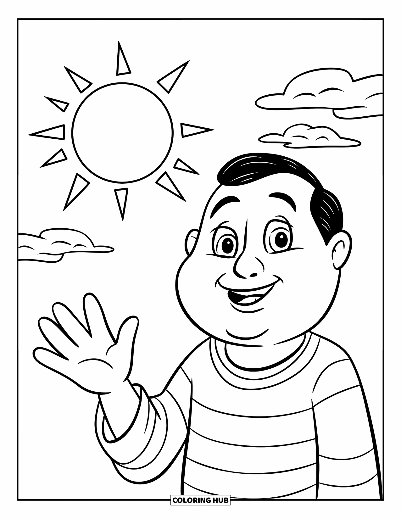 Man Coloring Page for Kids: A man waves hello under a bright sunny sky