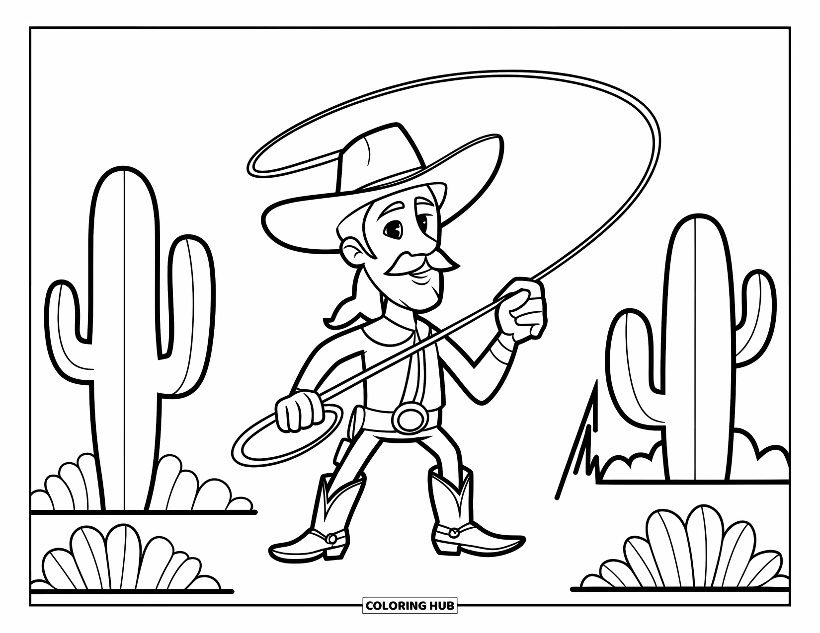 Man Coloring Page for Kids: A mustached cowboy poses proudly beside desert cacti
