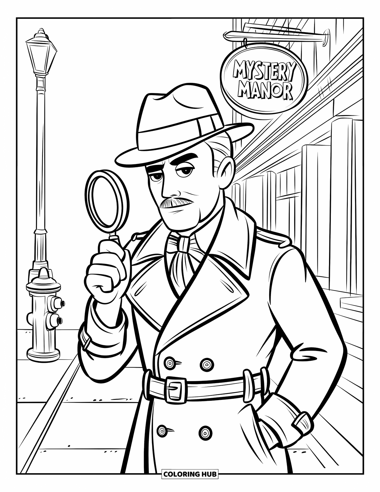 Man Coloring Page for Kids: A mustached detective stands near a lamppost outside Mystery Manor