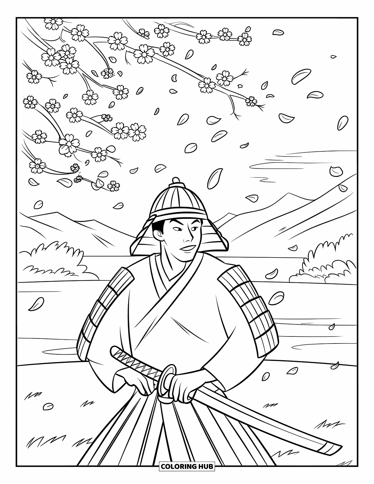 Man Coloring Page for Kids: A samurai stands among blooming cherry trees with petals swirling
