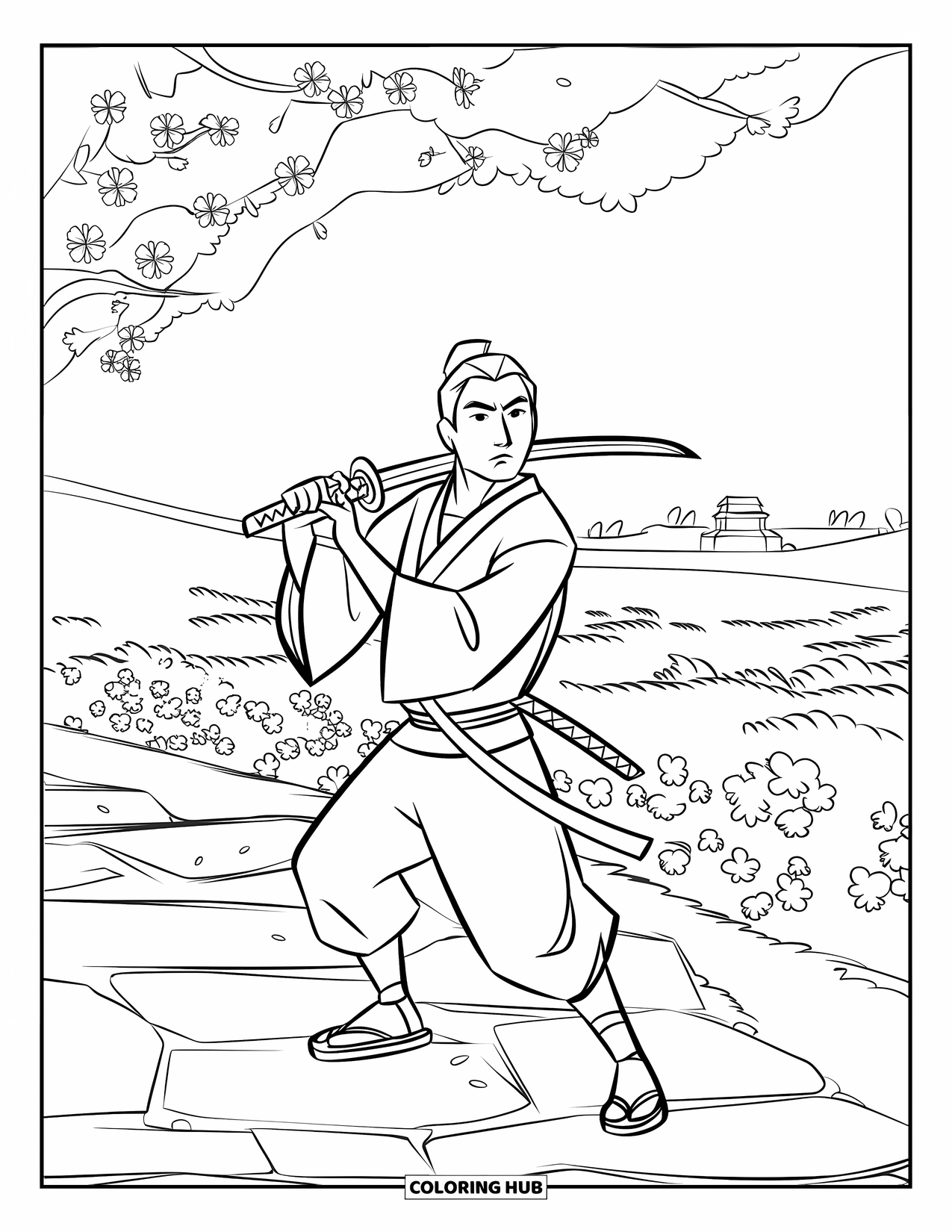 Man Coloring Page for Kids: A samurai walks a petal-covered path under blooming cherry trees