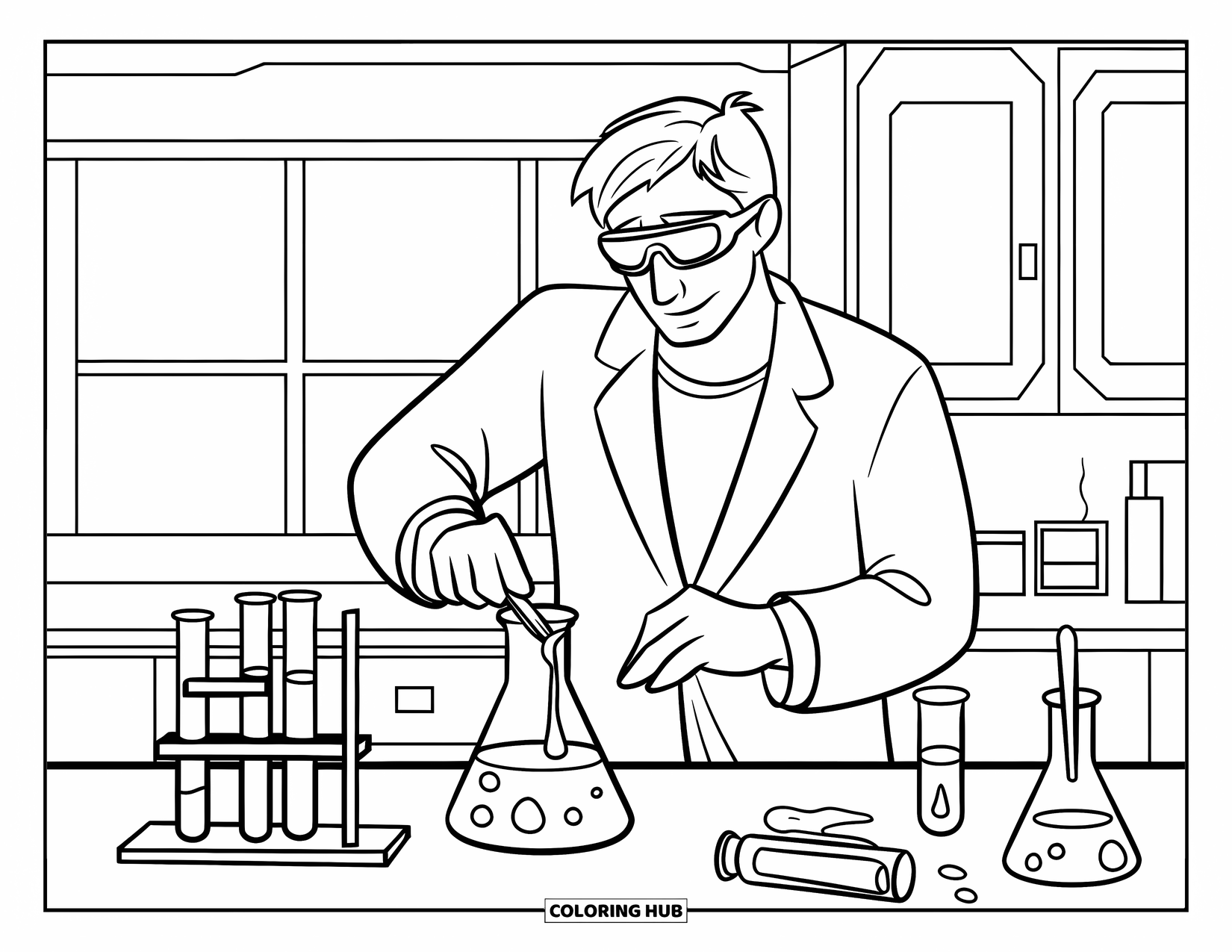 Man Coloring Page for Kids: A scientist mixes colorful liquids in a bright, busy lab