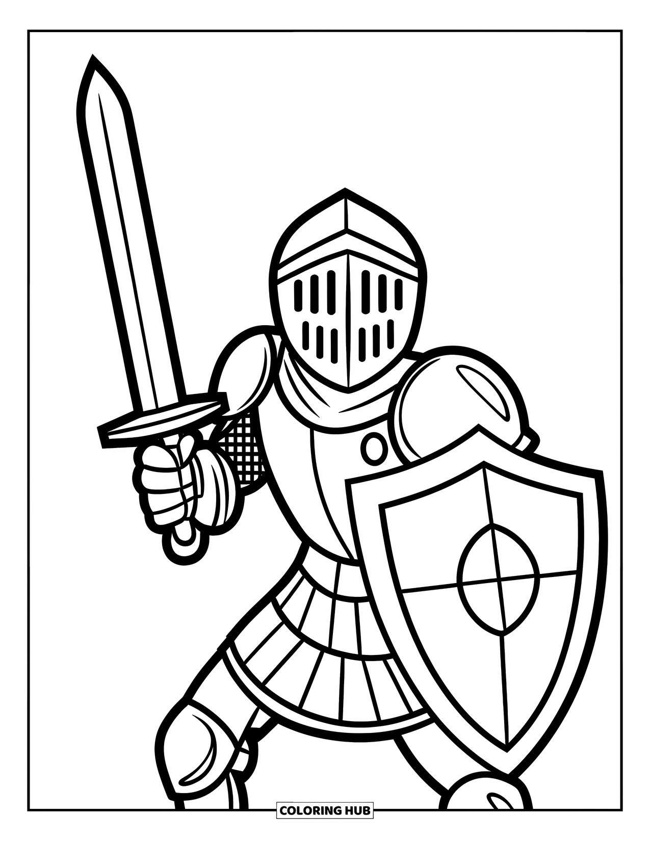 Man Coloring Page for Kids: A smiling knight holds his sword and shield on a white background