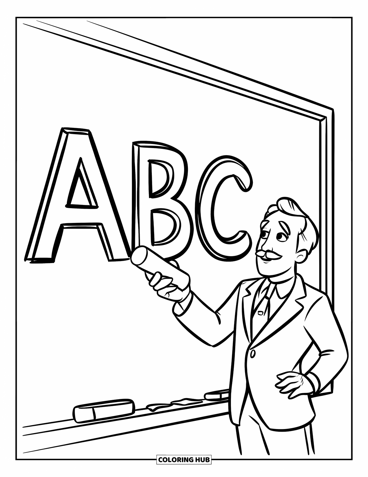 Man Coloring Page for Kids: A teacher draws big letters on a white chalkboard for students