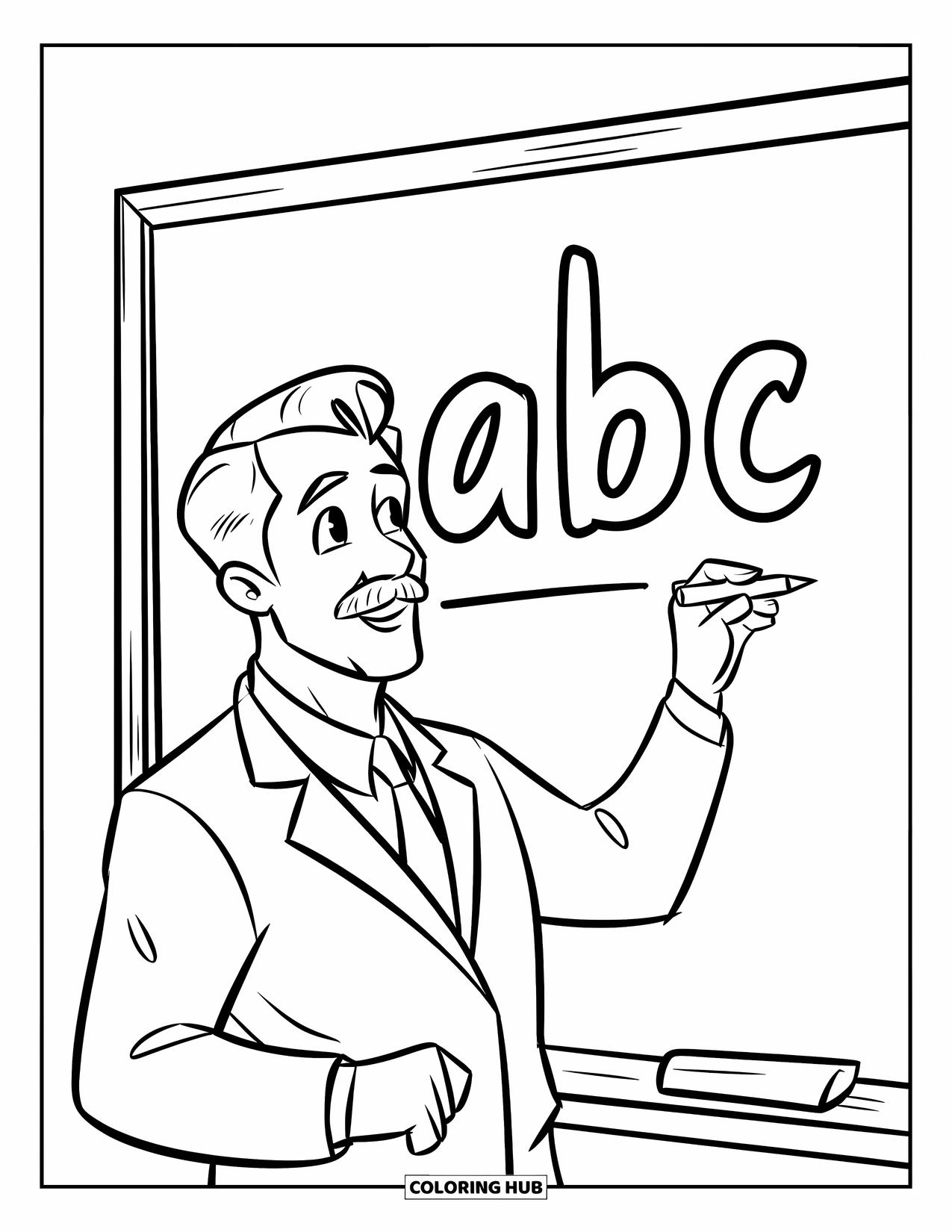 Man Coloring Page for Kids: A teacher writes "ABC" neatly on a chalkboard in class