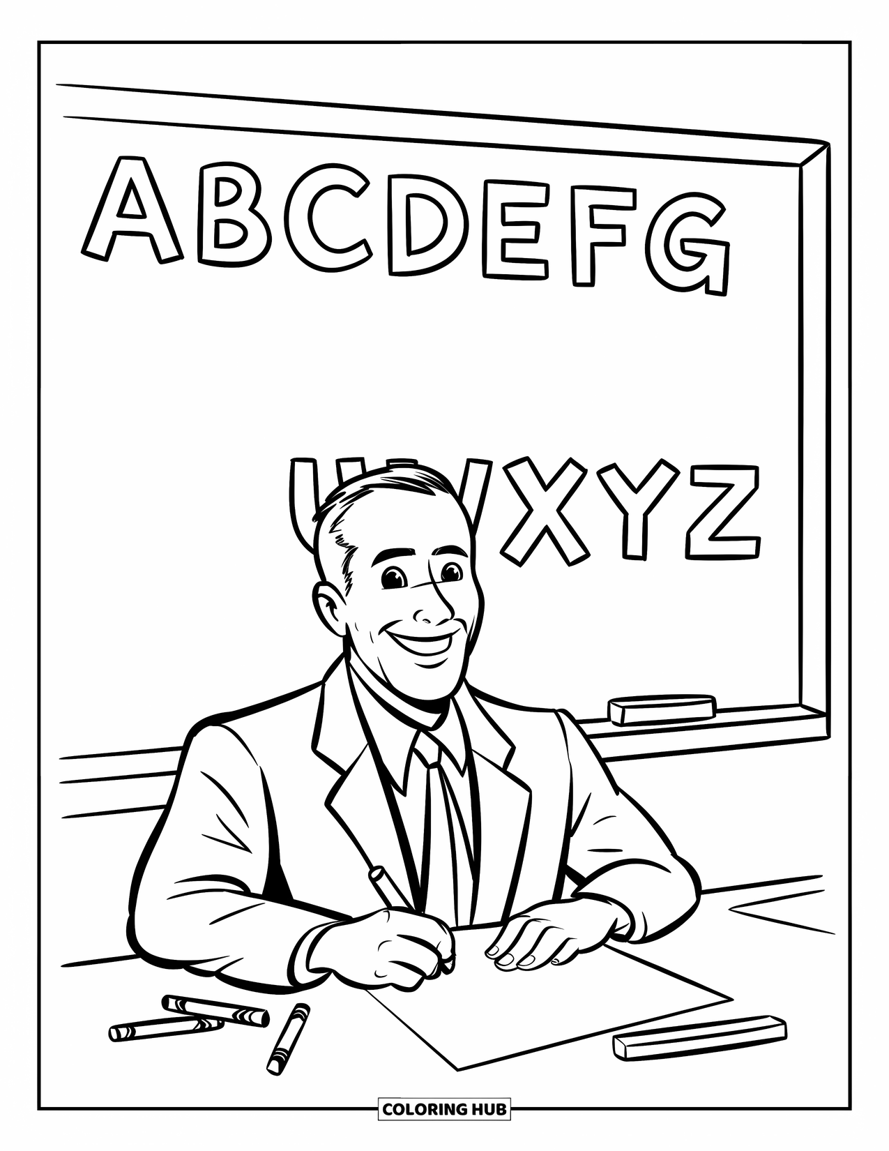 Man Coloring Page for Kids: A teacher writes letters on the board with chalk and crayons nearby