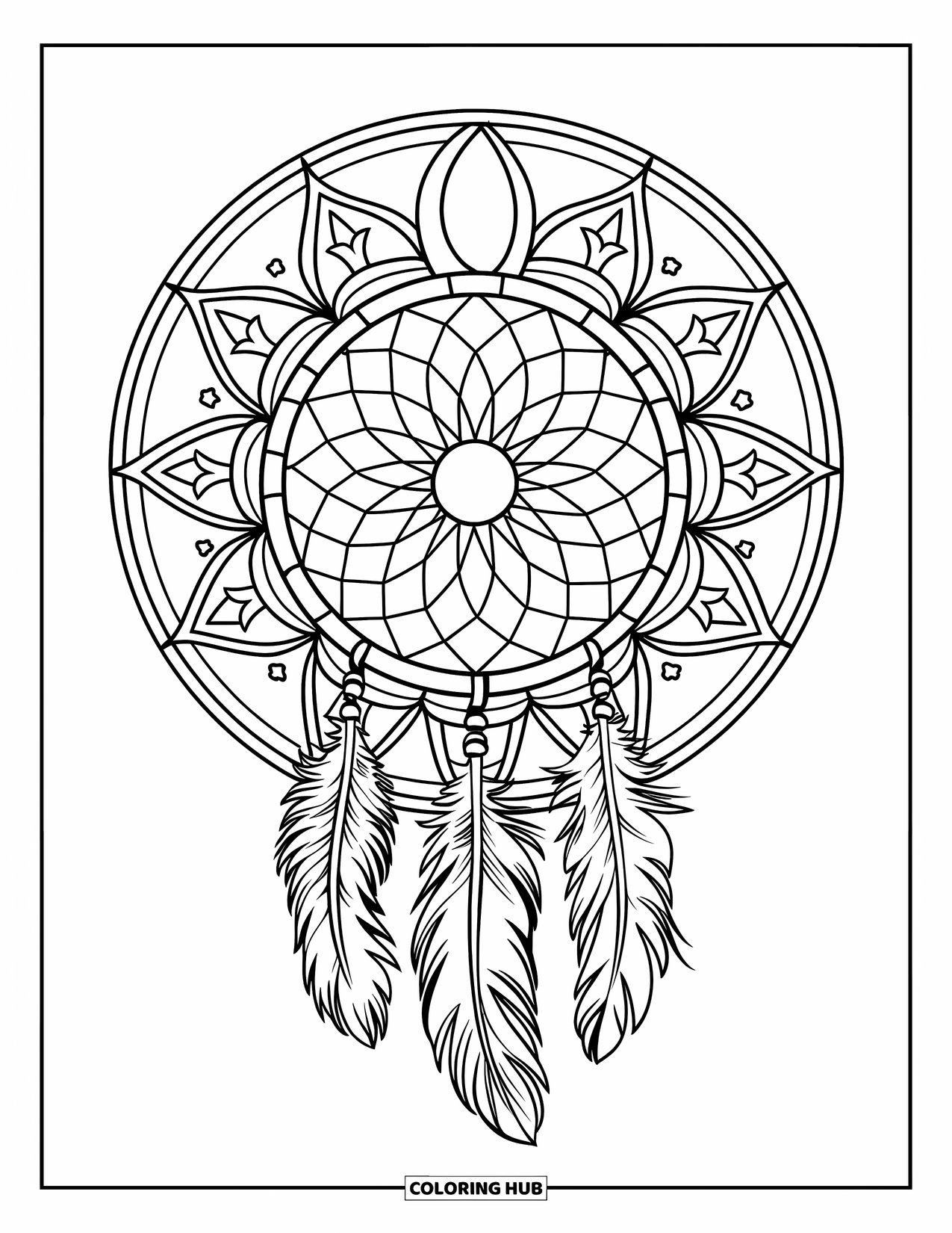 Moon Dream Catcher Coloring Page for Adults: A circular dream catcher with vines sits in a moon-and-stars themed mandala