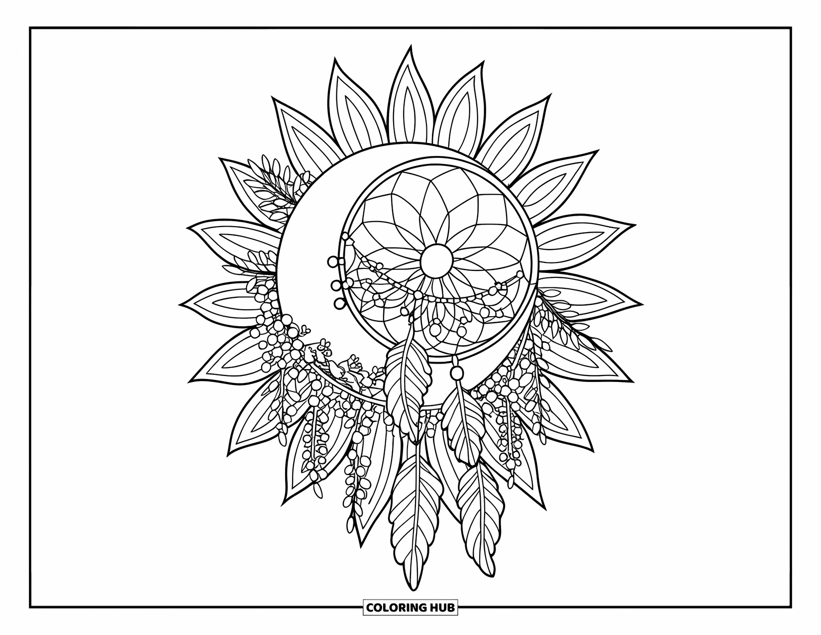 Moon Dream Catcher Coloring Page for Adults: A crescent moon and dream catcher are twined in wisteria over a sunburst mandala