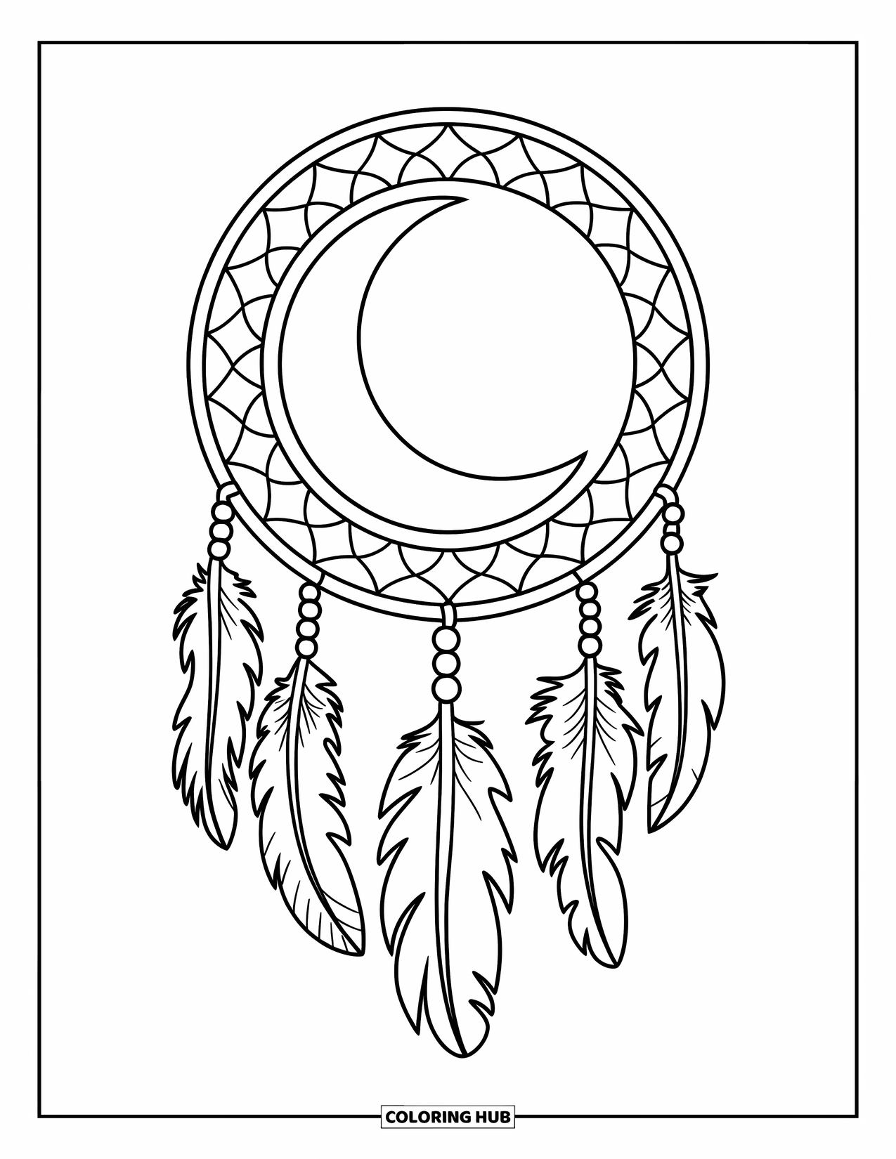 Moon Dream Catcher Coloring Page for Adults: A crescent moon nestles inside a dream catcher framed by leafy mandala vines