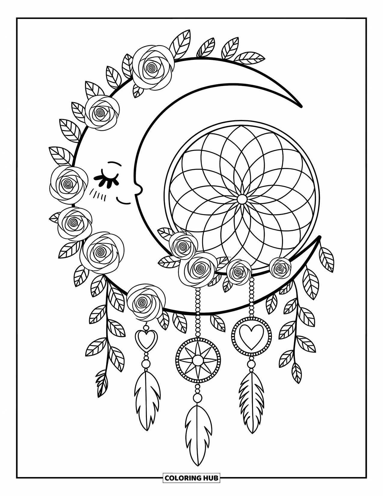 Moon Dream Catcher Coloring Page for Adults: A crescent moon wrapped in flowers cradles a dream catcher with tiny charms