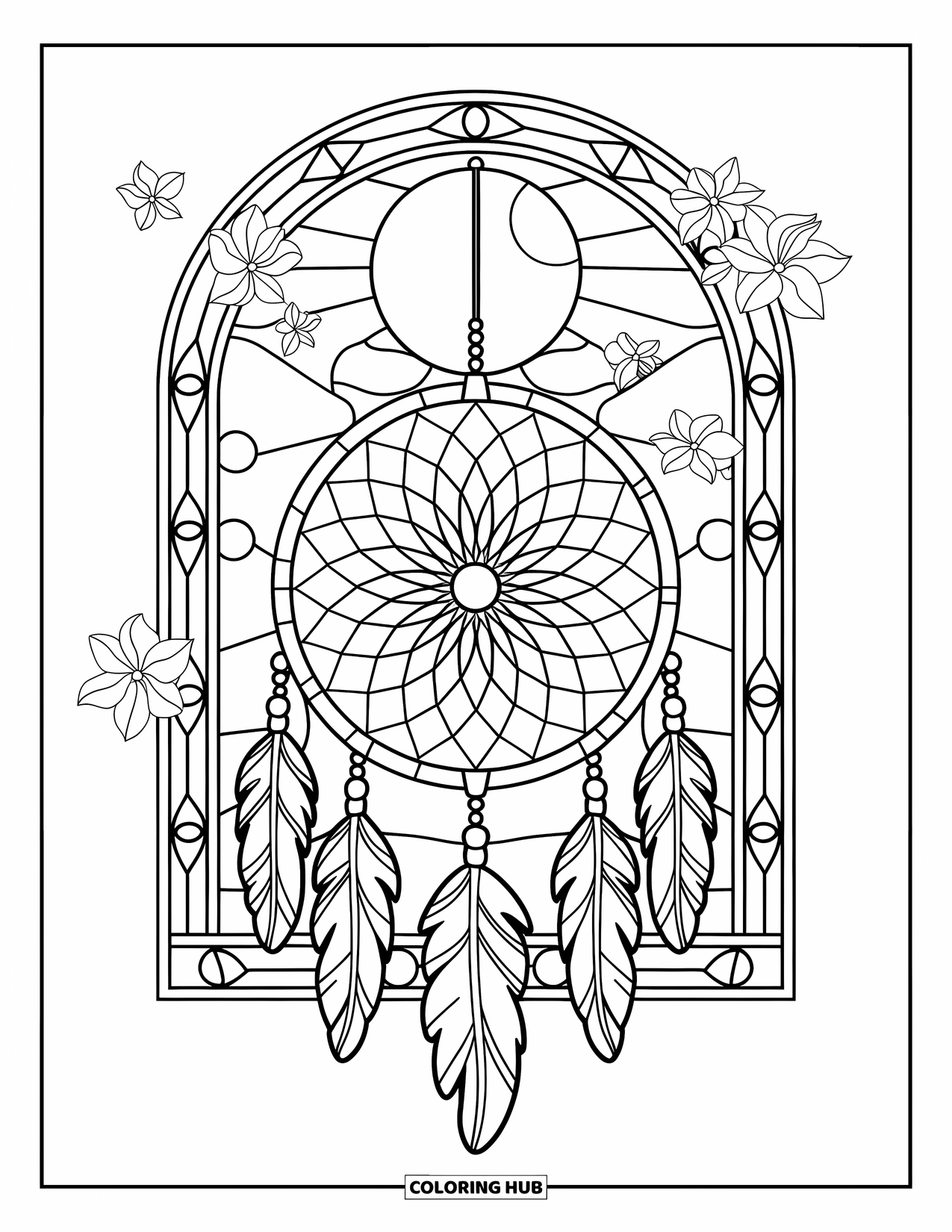 Moon Dream Catcher Coloring Page for Adults: A full moon glows above a dream catcher with blossoms and stained glass designs