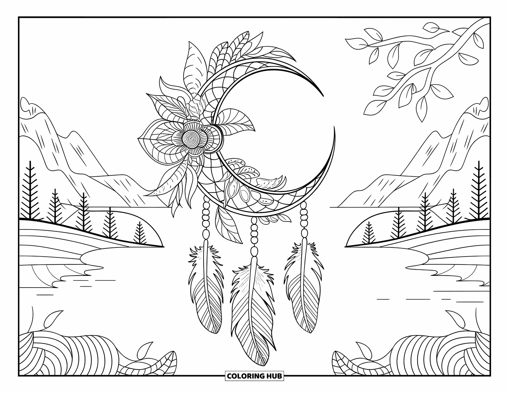 Moon Dream Catcher Coloring Page for Adults: A moon dream catcher rests inside a floral mandala above a peaceful mountain view
