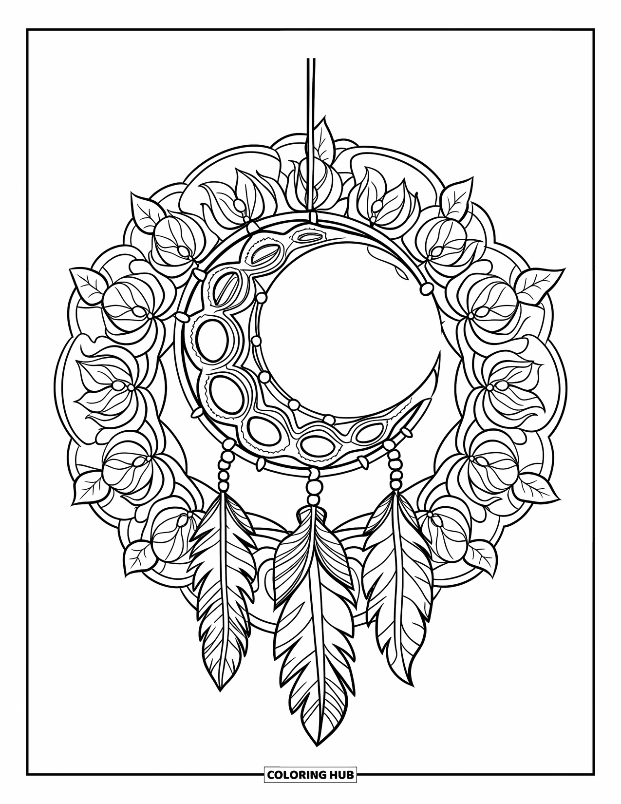 Moon Dream Catcher Coloring Page for Adults: A moon dream catcher rests over a floral mandala filled with roses and ivy
