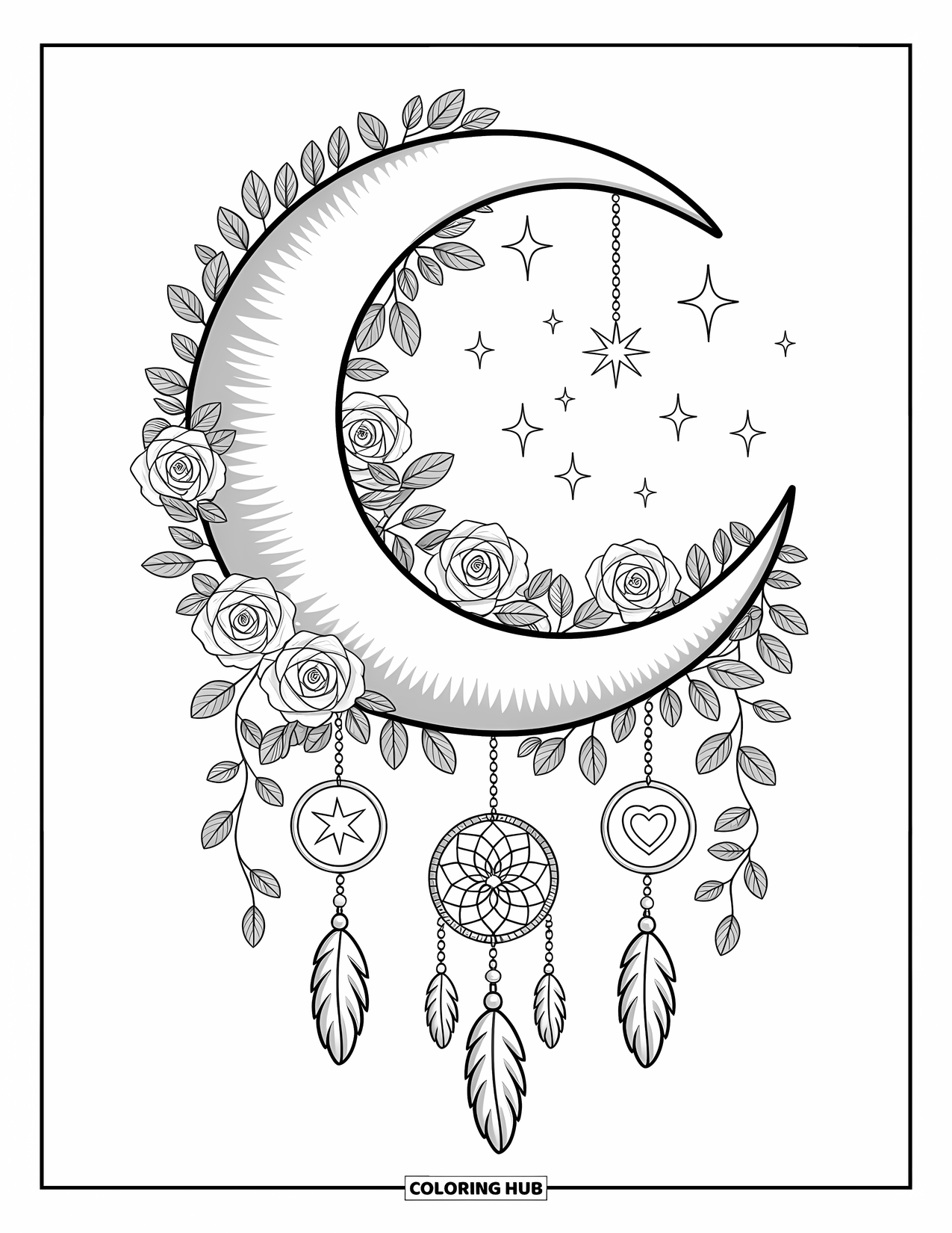 Moon Dream Catcher Coloring Page for Adults: Climbing roses and a dream catcher fill a moonlit scene full of gentle charm