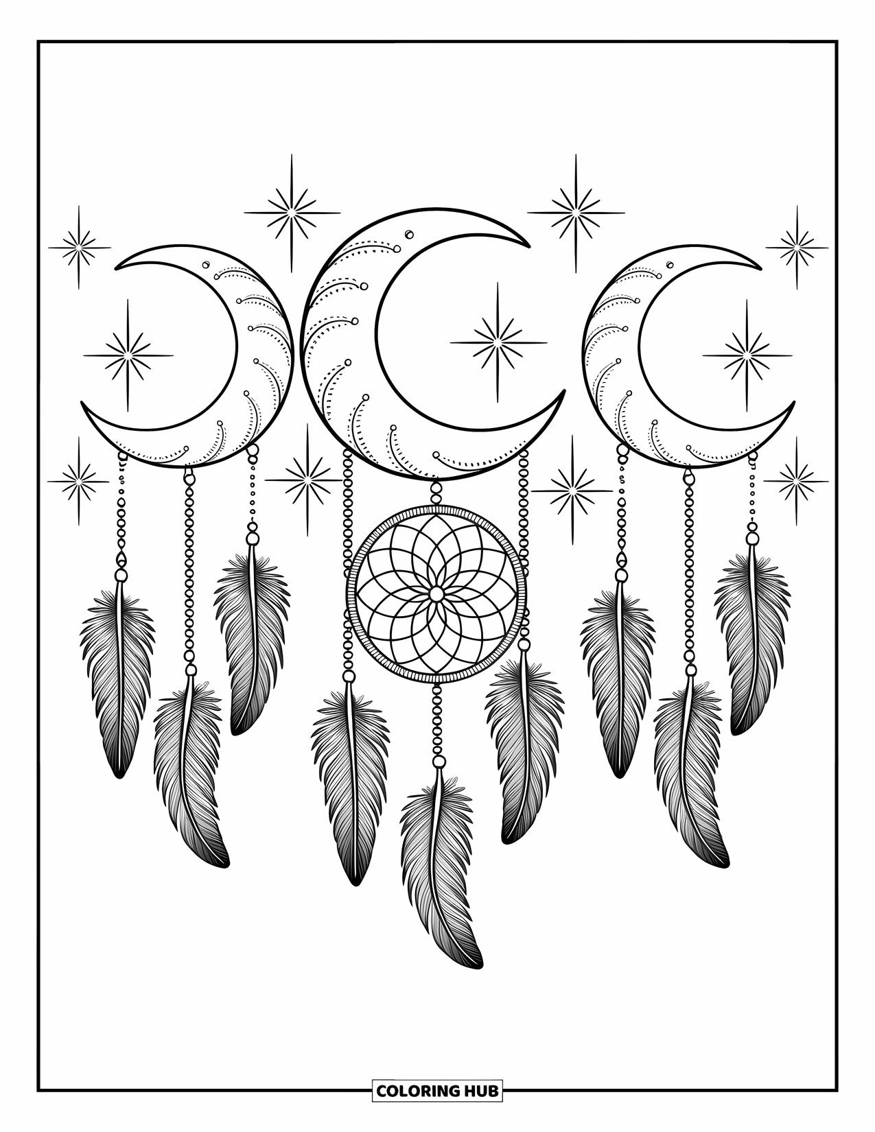 Moon Dream Catcher Coloring Page for Adults: Crescent and full moons glow with a dream catcher and feathers hanging below