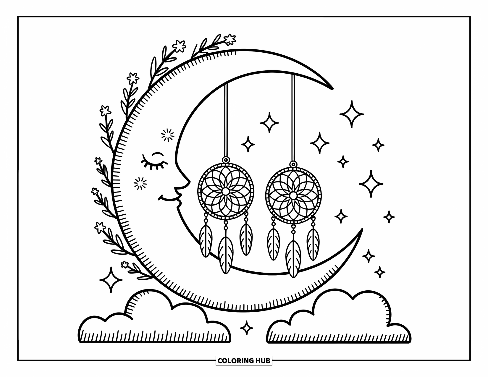 Moon Dream Catcher Coloring Page for Adults: Dream catchers hang like a swing from a glowing moon amid clouds and stars