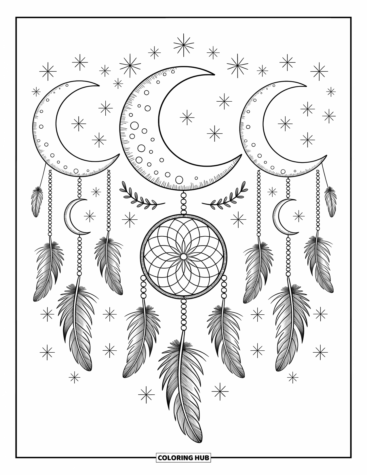 Moon Dream Catcher Coloring Page for Adults: Three moons with feathers and stars form a cozy and dreamy pattern