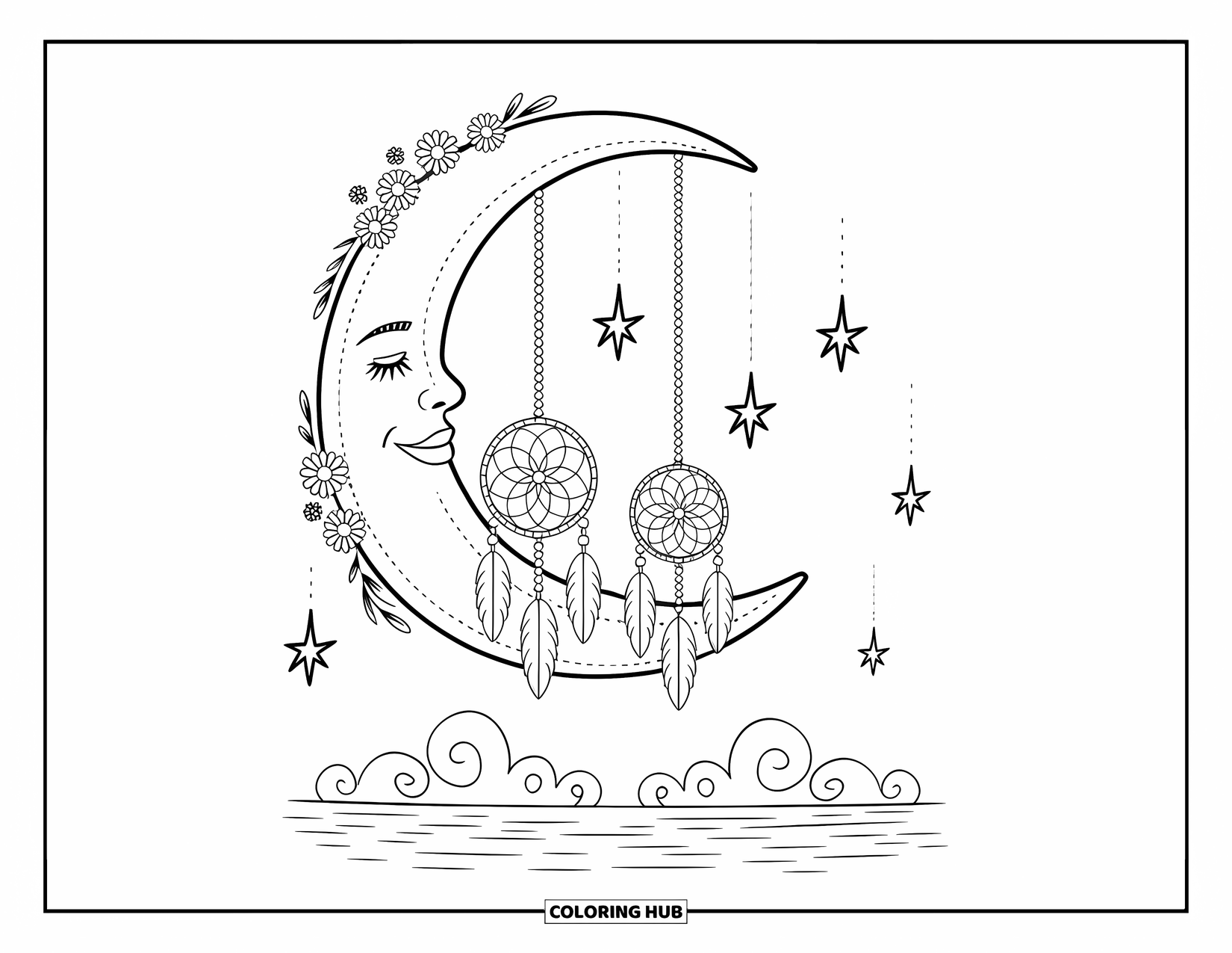 Moon Dream Catcher Coloring Page for Adults: Two dream catchers hang from a crescent moon floating above soft, swirling clouds