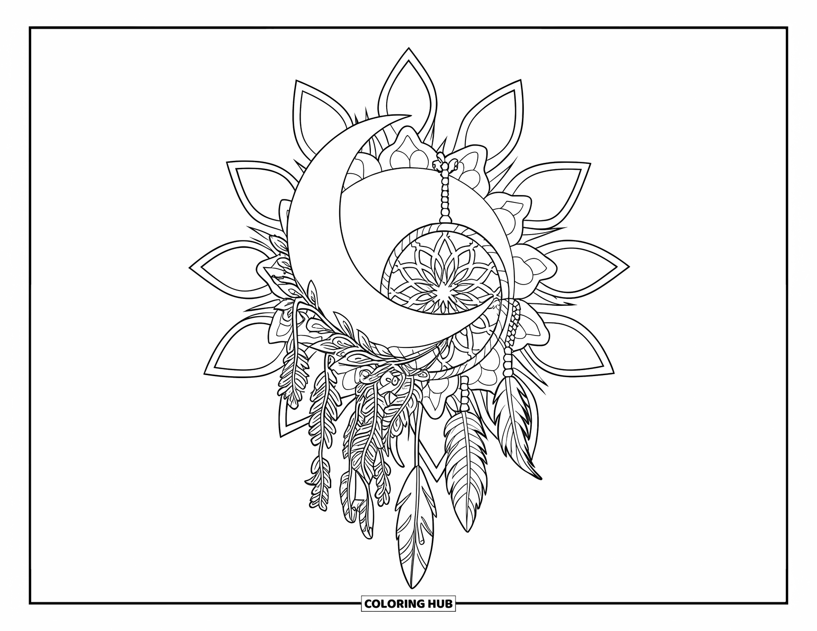 Moon Dream Catcher Coloring Page for Adults: Wisteria vines twist around a dream catcher and moon on a glowing mandala base